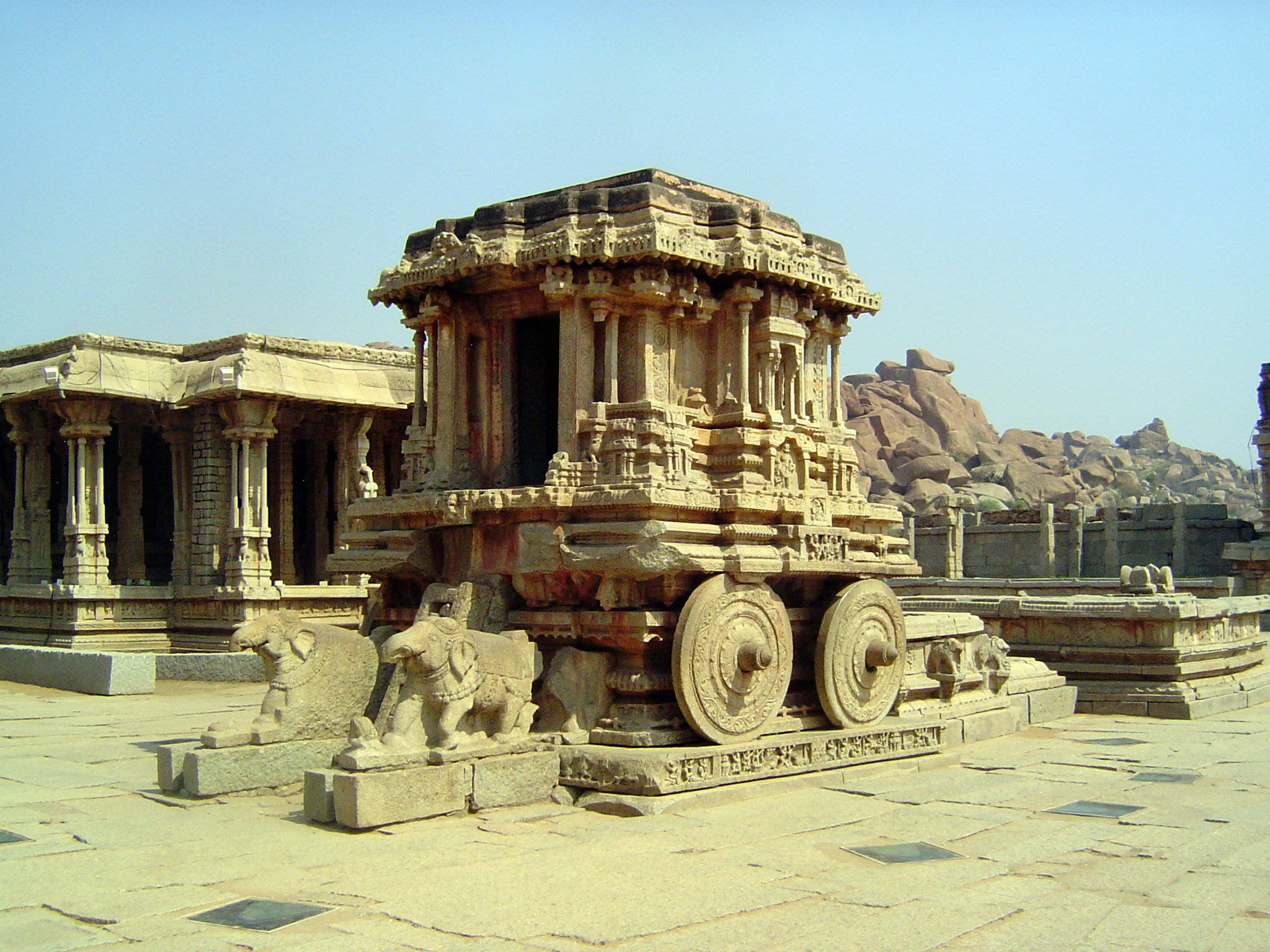 This is the postcard icon of Vijayanagar. It's a stationary stone cart, although according to Fergusson in the late 19th century, its wheels