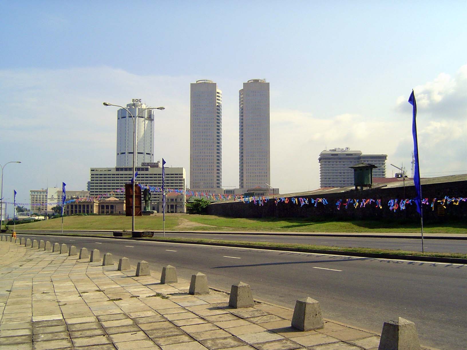 The view north from Galle Face toward the old business core in the Fort district. The three tall buildings are the Bank of Ceylon and the tw