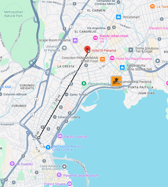 I've drawn a line a bit less than two miles long, from the old railroad station northeasterly to the Hotel El Panama, a structure heralding