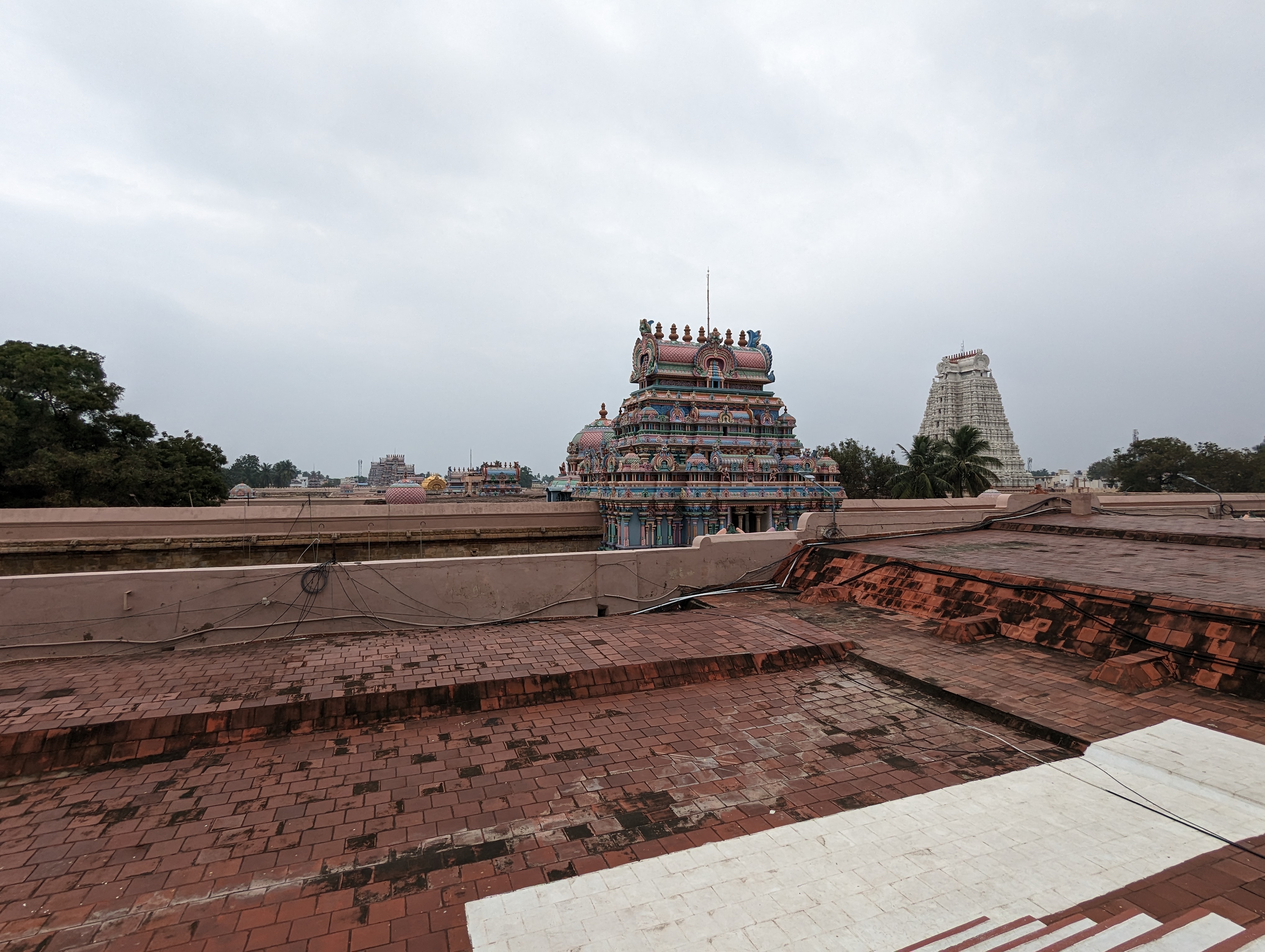 We're up on a nearby roof.  The main axis of the temple runs under the slightly higher roof just to our right, then through the gopuram and