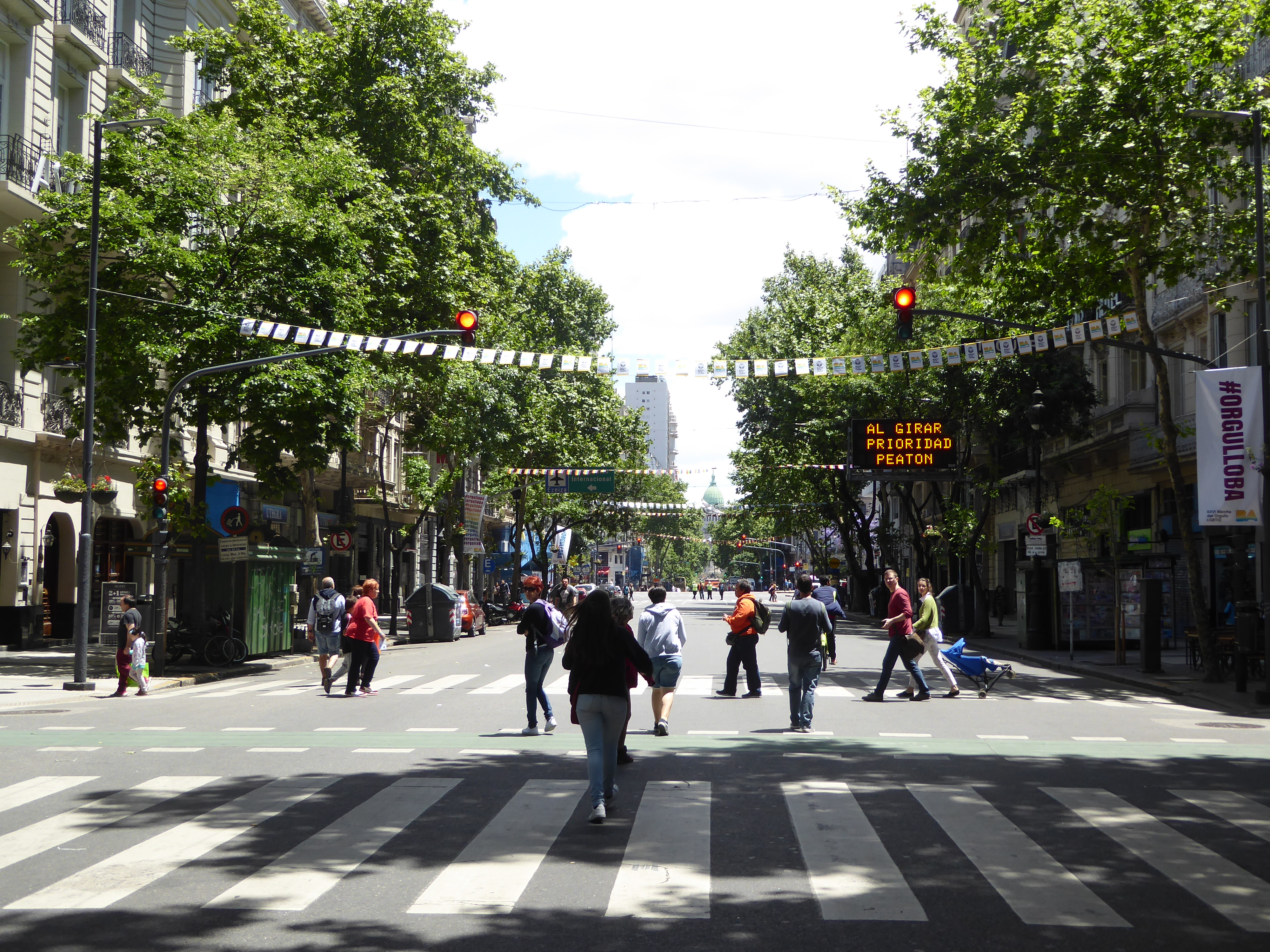 We've started walking from the Plaza de Mayo west along the Avenida de Mayo, closed today for the LGBT parade. Down at the far end is the gr