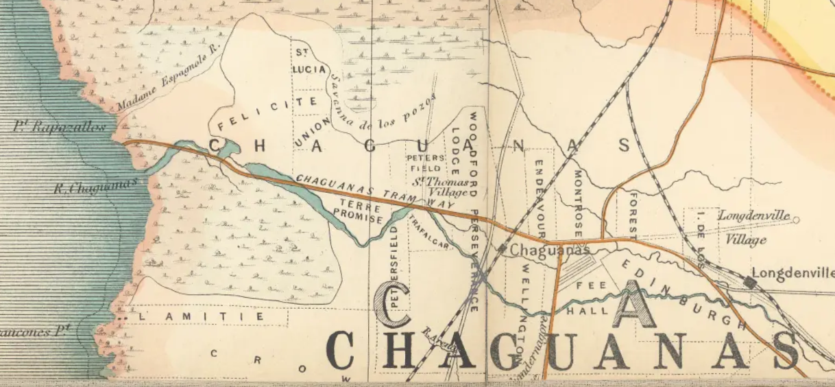 The sugarcane was grown on estates, some of which are indicated here, including Felicity at the far left.   The most important estate of the