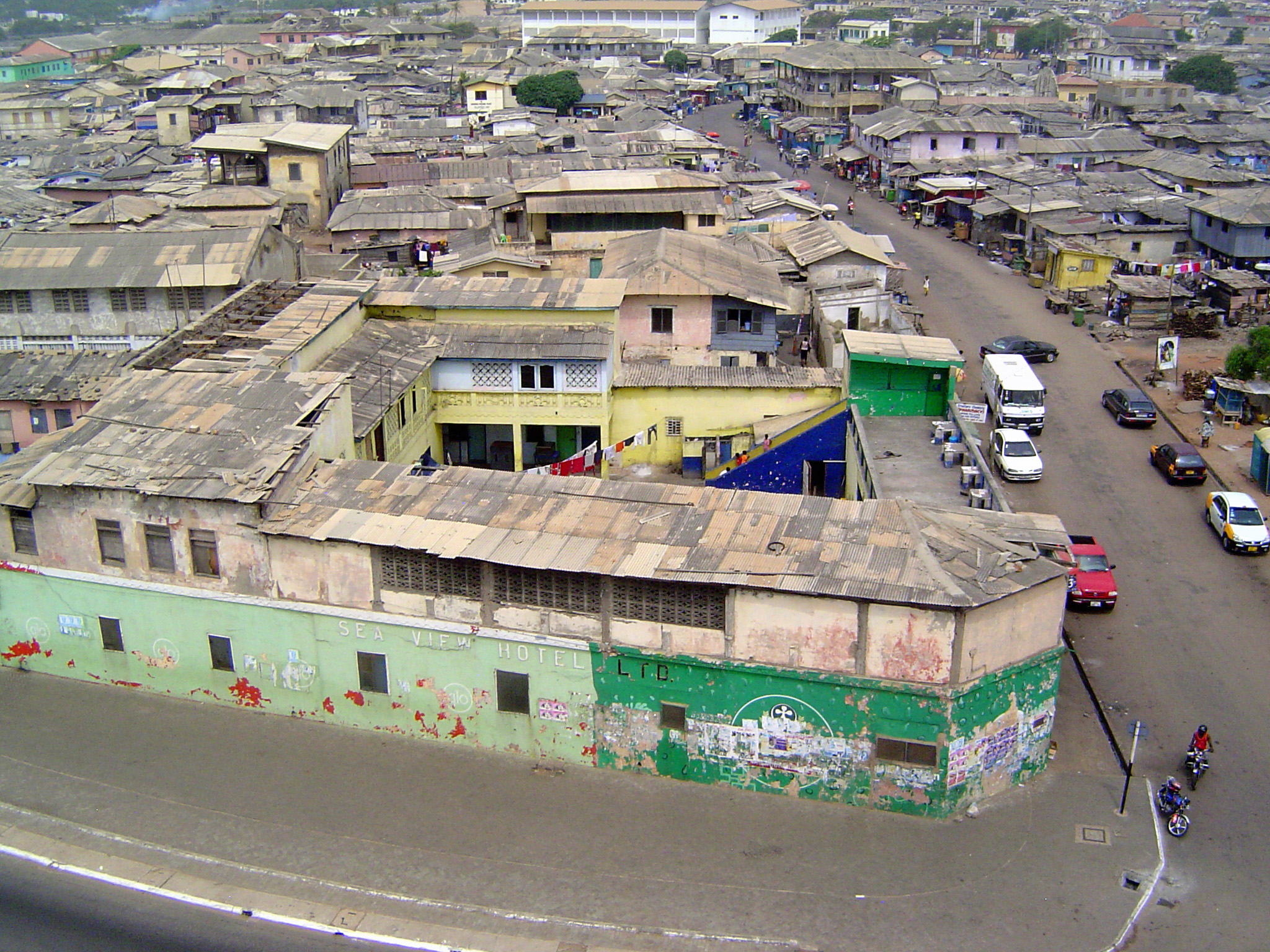 Looking down from the light toward the former Sea View Hotel. Richard Wright, who visited the Gold Coast in the 1950s just as Kwame Nkrumah