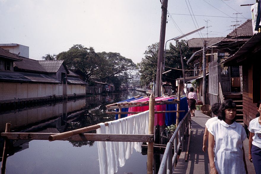 As recently as 1981, when this picture was taken, hanks of freshly dyed silk were hung out to dry along the khlong.