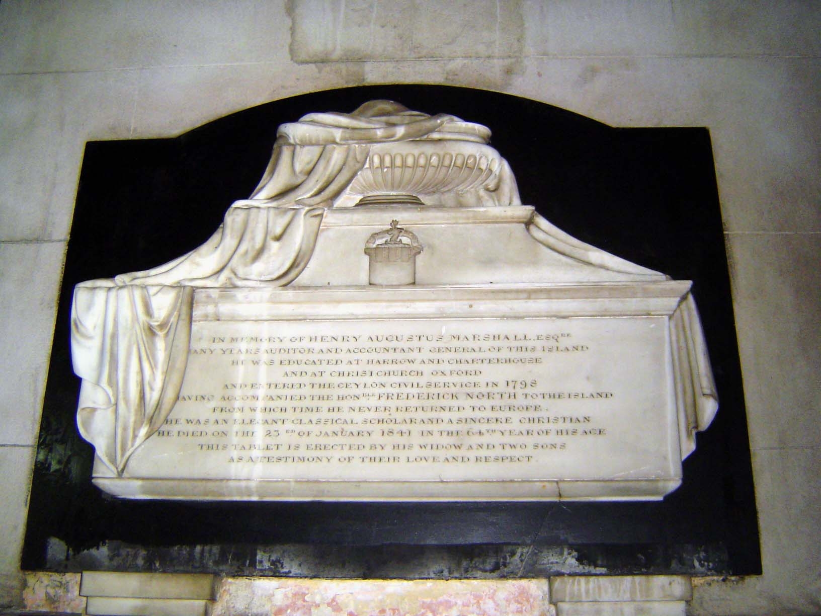 "In memory of Henry Augustus Marshall, Esq., for many years Auditor and Accountant-General of this Island. He was educated at Harrow and at