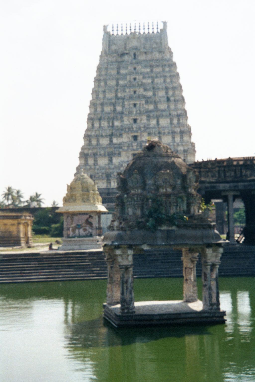 The Raja Gopura from the far side of the tank. On the right, a bit of the "hall of a thousand columns," which fronts the inner sanctum.