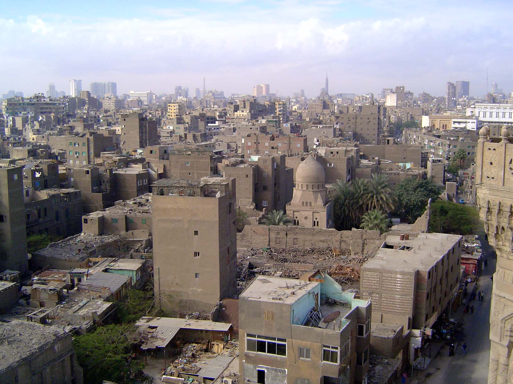 Looking west, with the high rises of modern Cairo at the horizon and along the Nile.