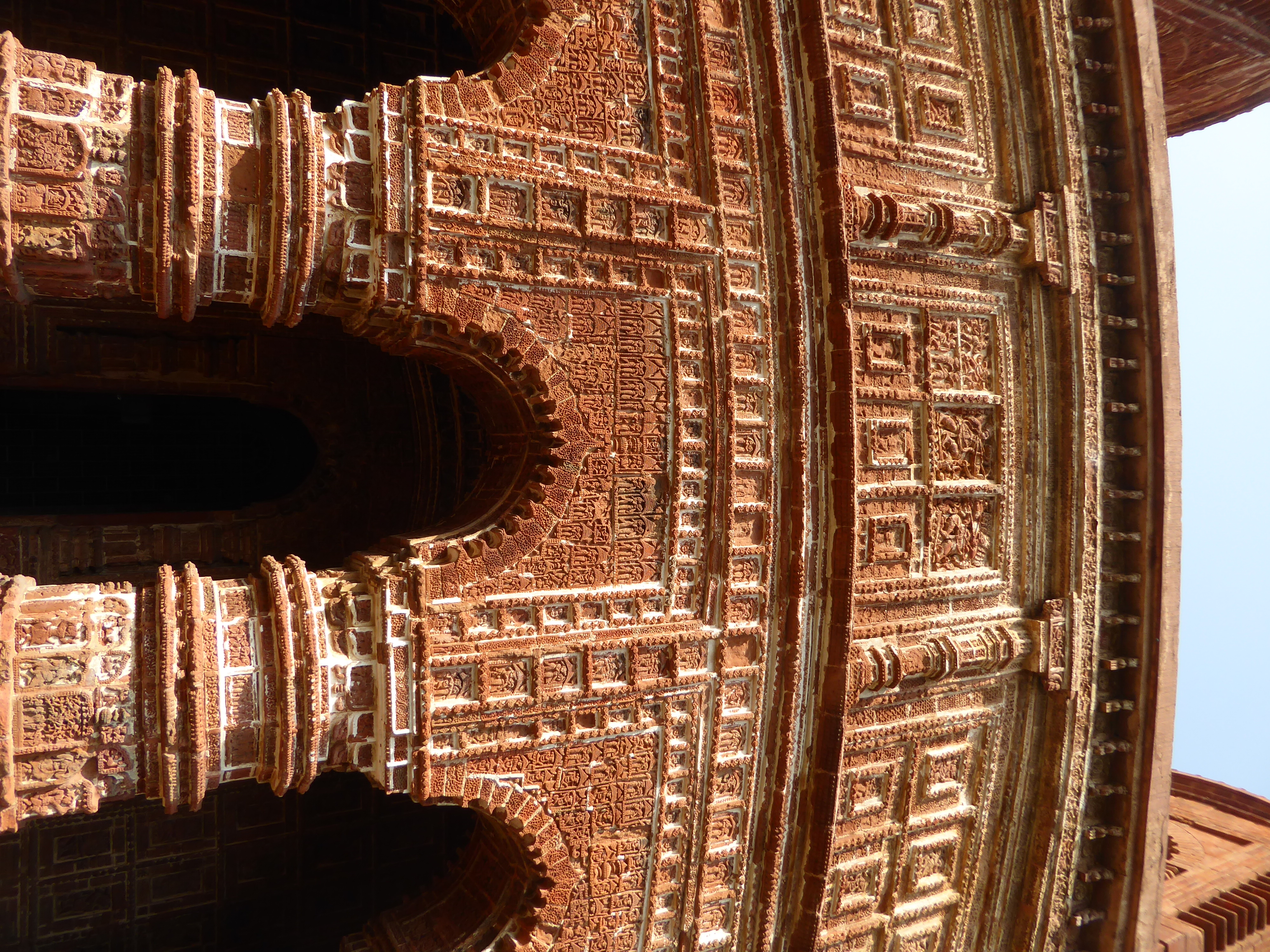 A good deal of the terracotta has been carelessly re-mortared; the ASI has also repaired and replaced parts of this temple's towers with pla