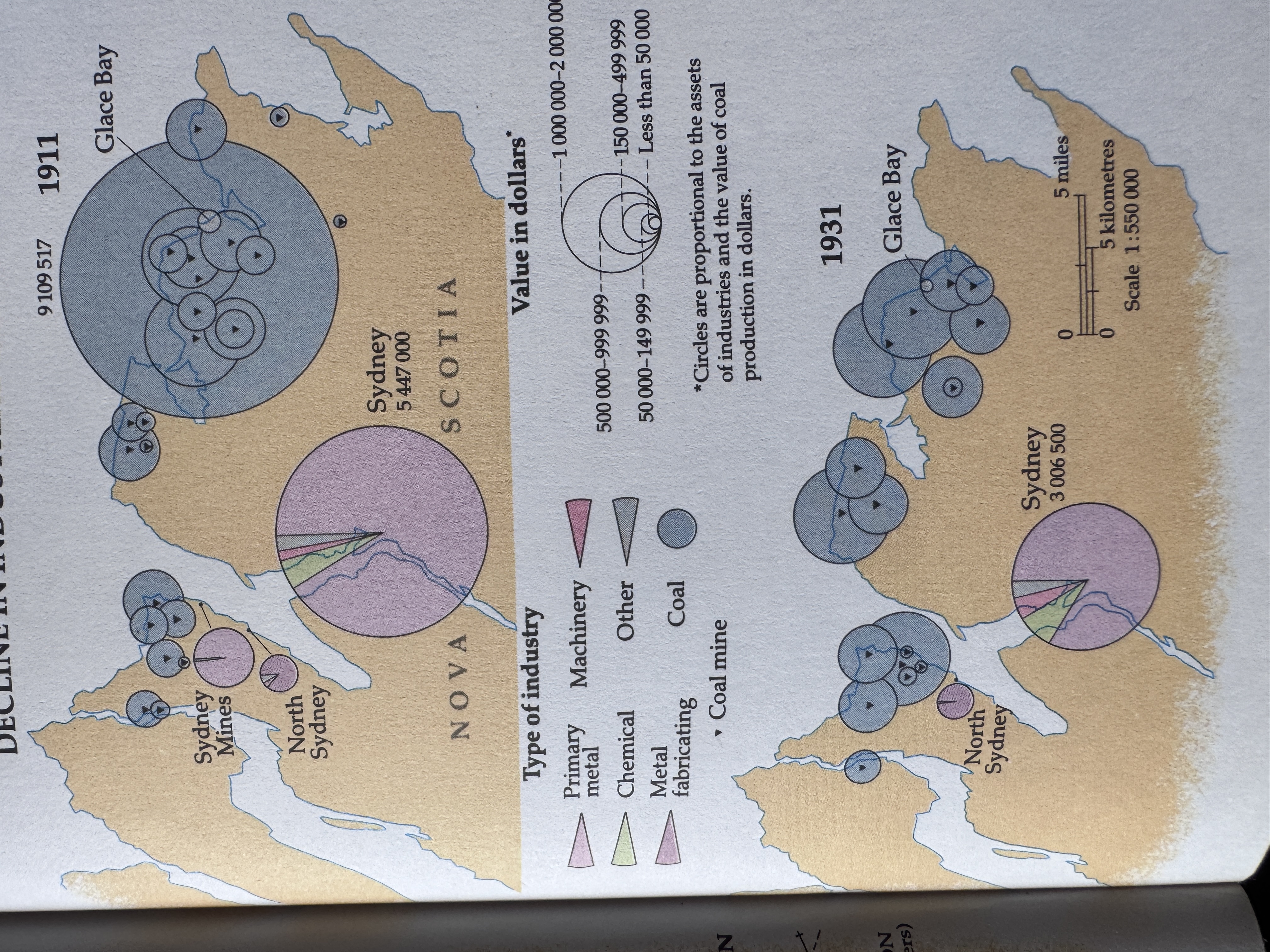 Here, in maps for 1911 and 1931 you can see the decline.  Coal production had risen from 1 million tons in 1880 to 7 million by 1913, but by