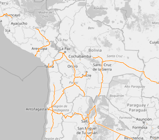 Like this.   Notice that Santa Cruz is linked to Brazil and Argentina but not to Bolivia's other cities.   https://www.openrailwaymap.org/ht