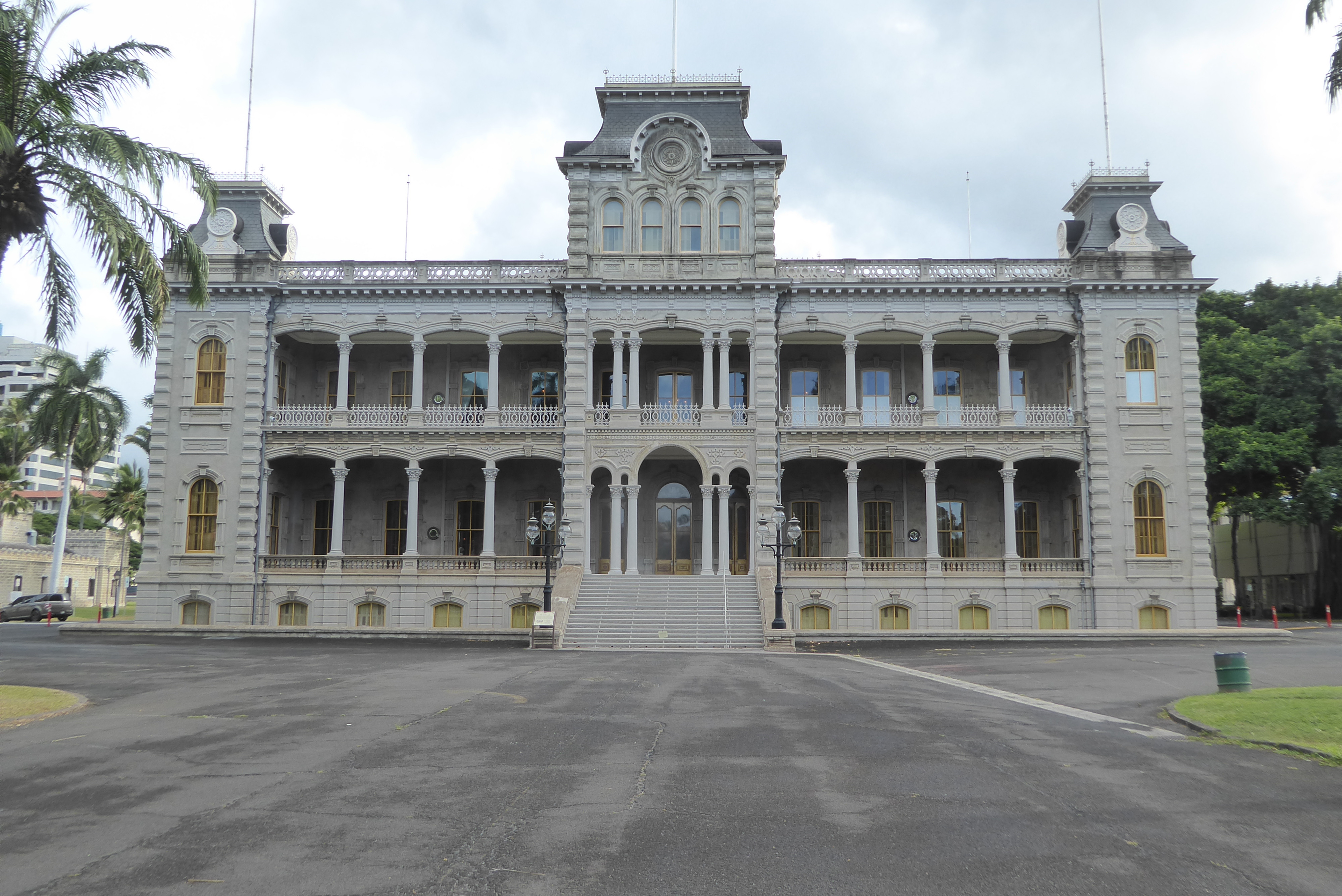 Across the street is the Iolani Palace of 1882, built by Queen Lili-uokalani of the Kalakaua Dynasty, successor to the Kamehameha line. It's