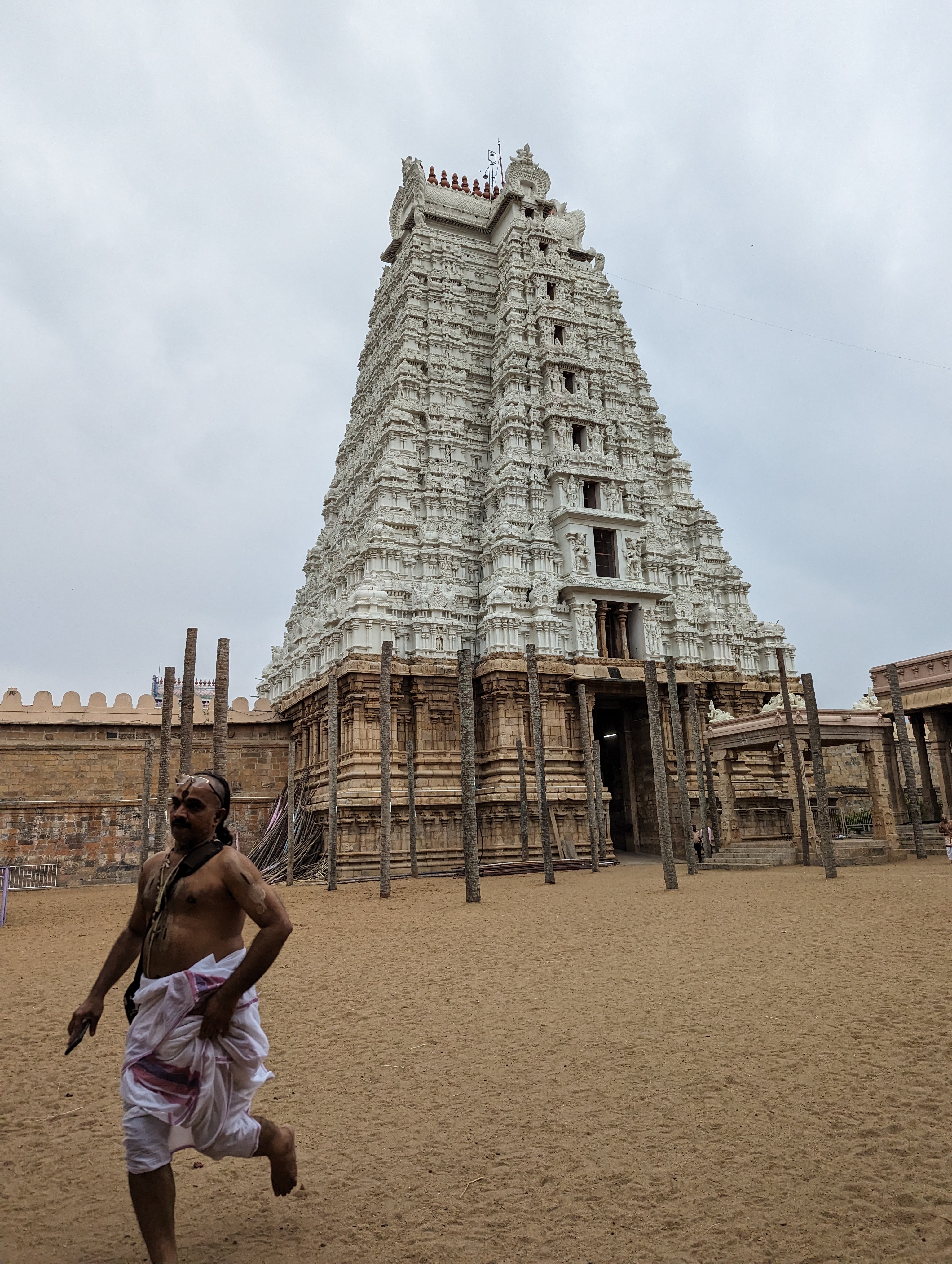 Here's that white gopuram. Wish I knew why this courtyard wasn't paved. And why the palms have been decapitated.