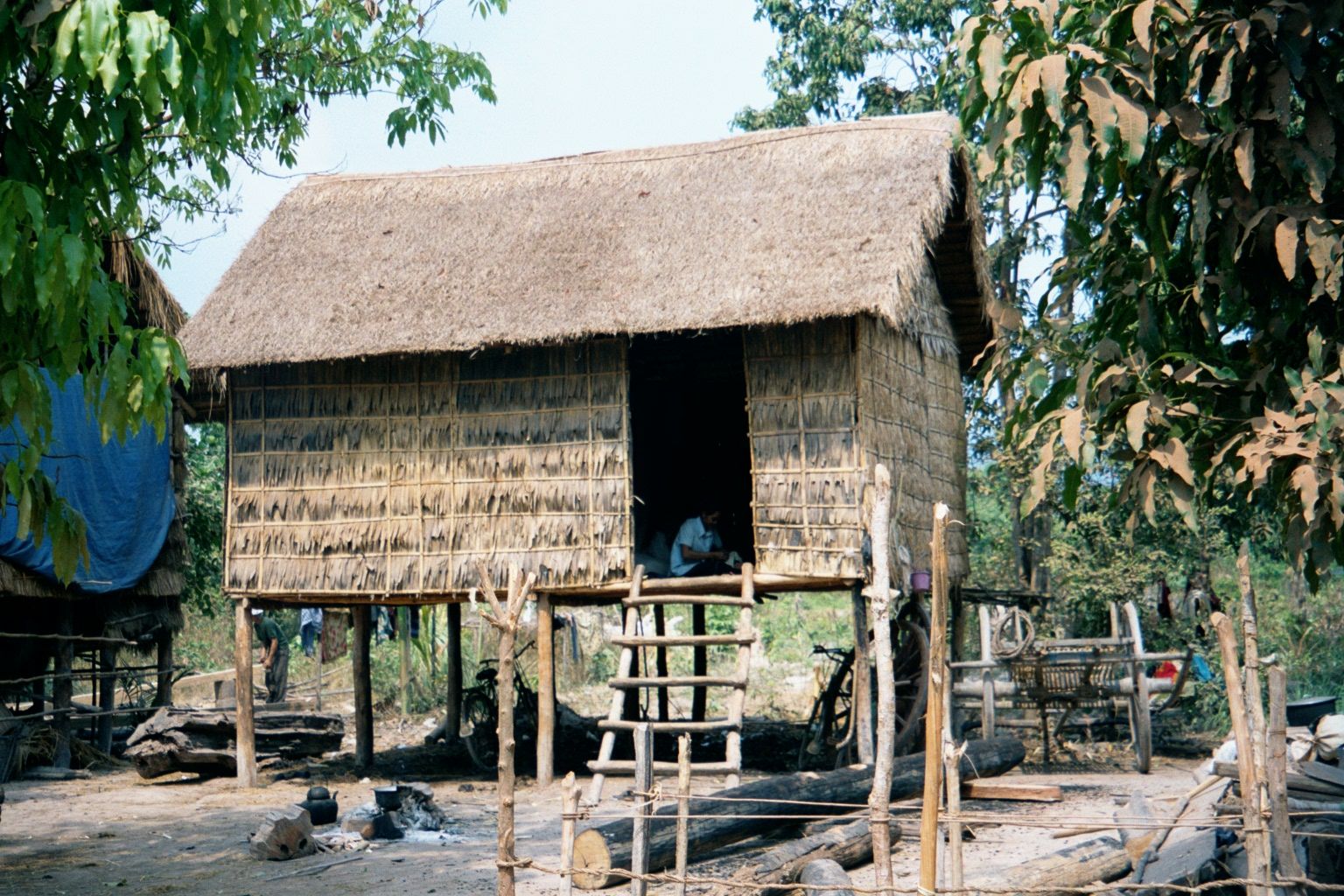 The dollars do trickle. Here, a simple house—thatch and matting on poles—of a family with wheels in the garage.