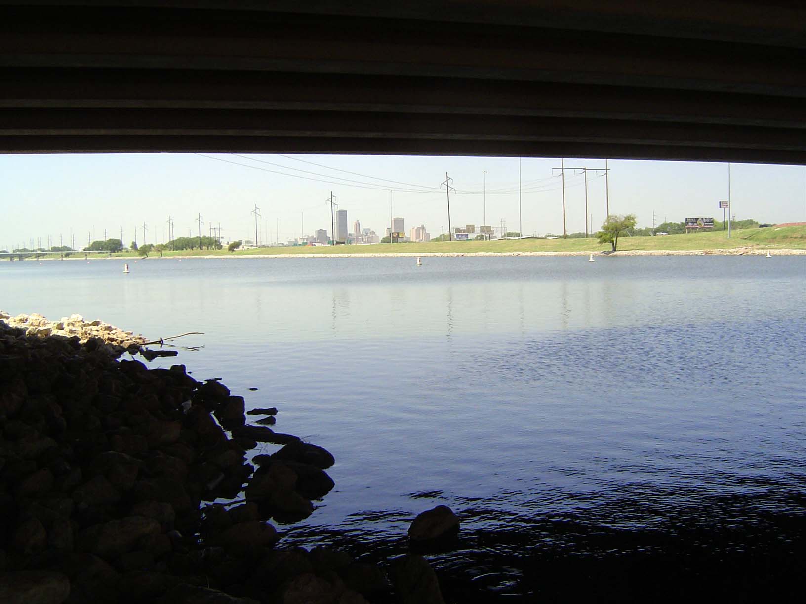 The view upstream from the overpass at the lowest of the dams.