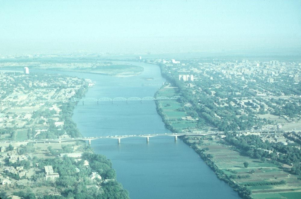 The Blue Nile at Khartoum. The river, flowing from the bottom of the picture, splits around Tuti Island and then joins the White NIle.. Khar