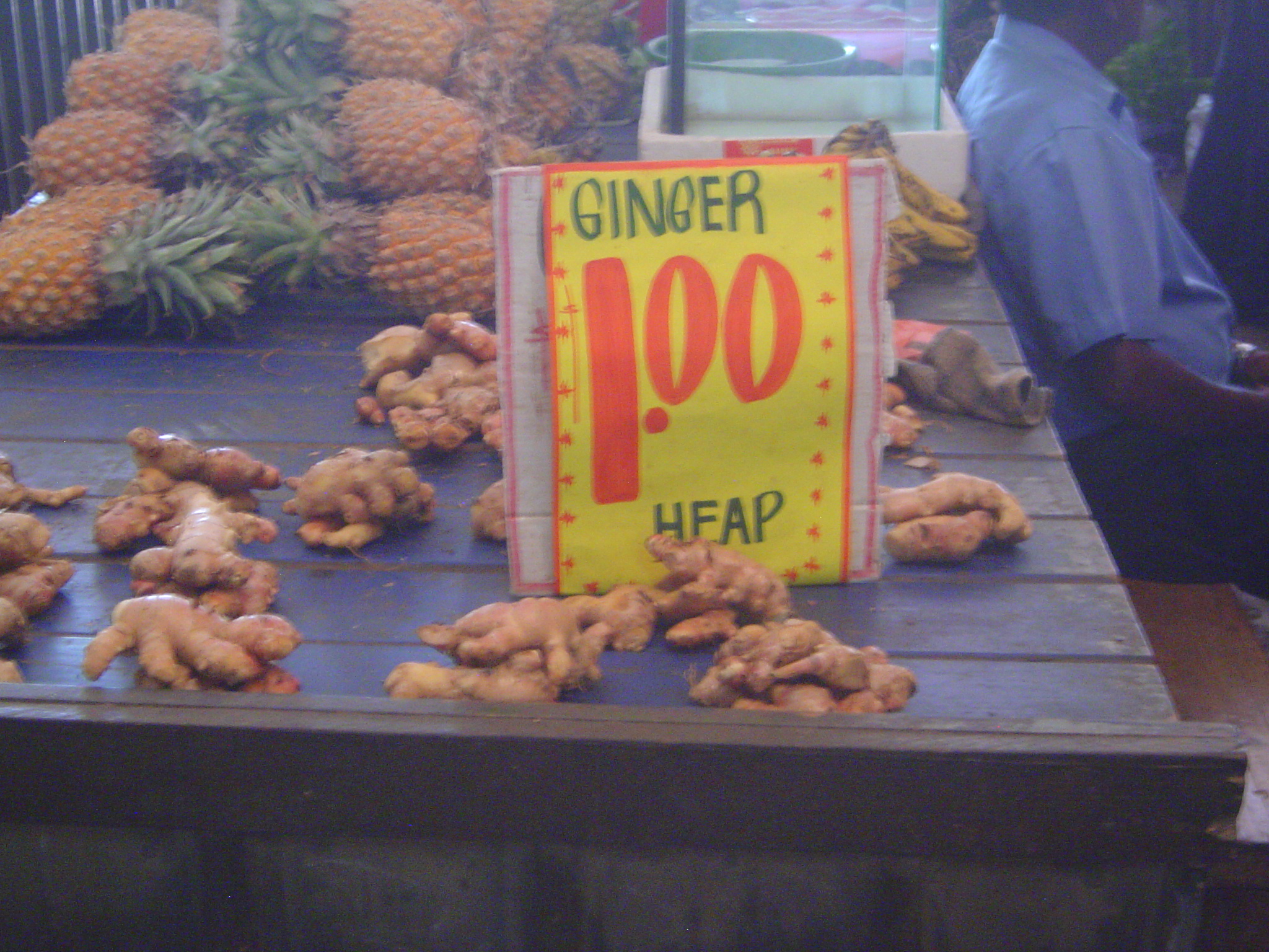 Ginger, bananas, and dynamite pineapples. The Fijian dollar is worth about half a U.S. dollar.
