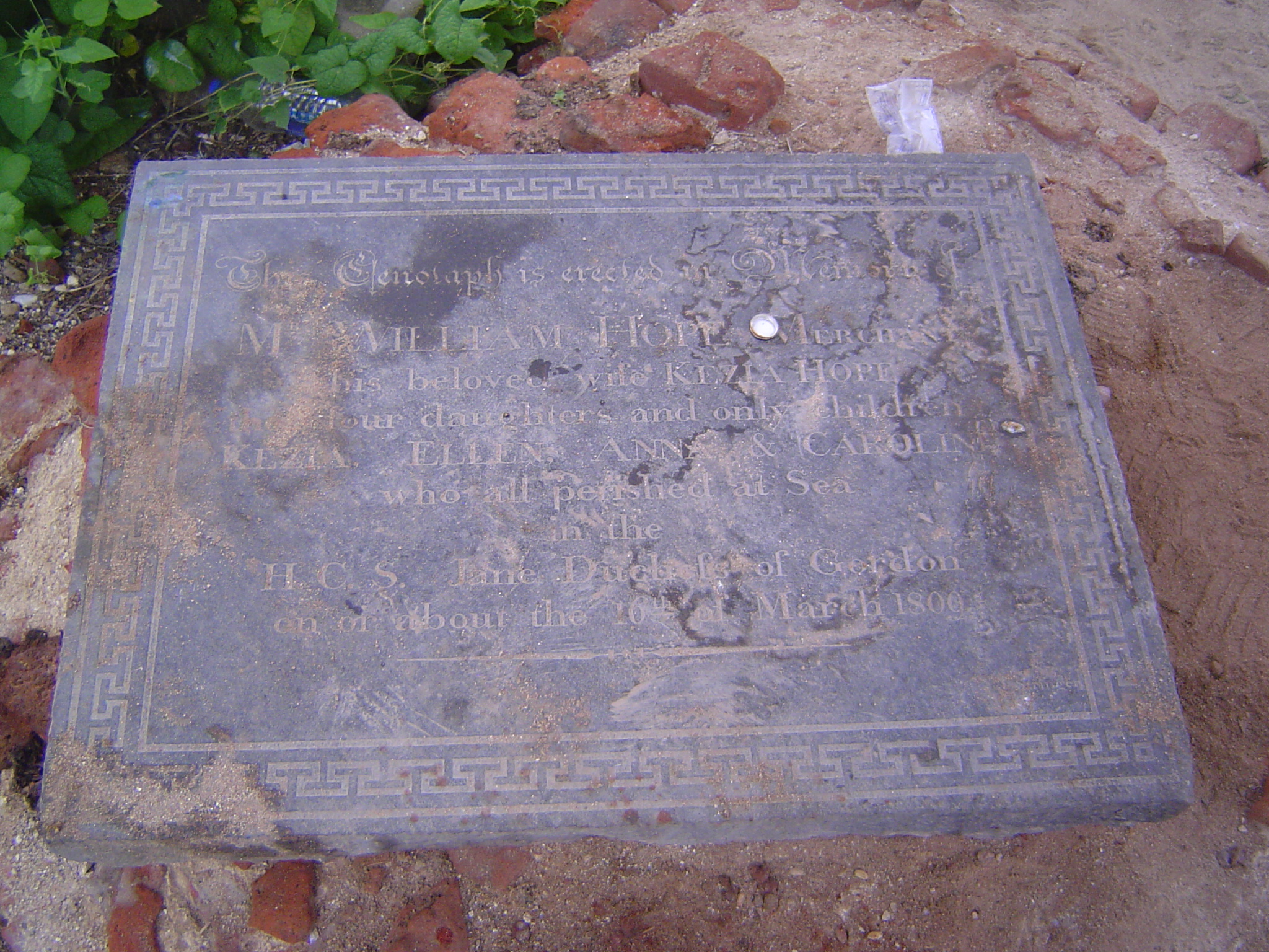 A man, his wife, and his four children are drowned at sea. Julian Cotton's List of Inscriptions on Tombs or Monuments in Madras,, 1905, has