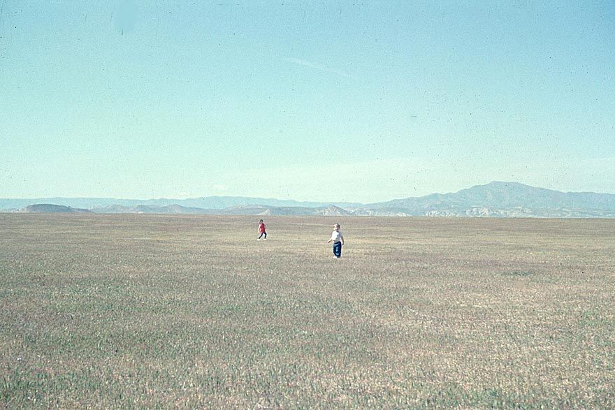 Down on the floor of the San Joaquin Valley's dry West Side, with the Pyramid Hills in the background. Photo from 1967.