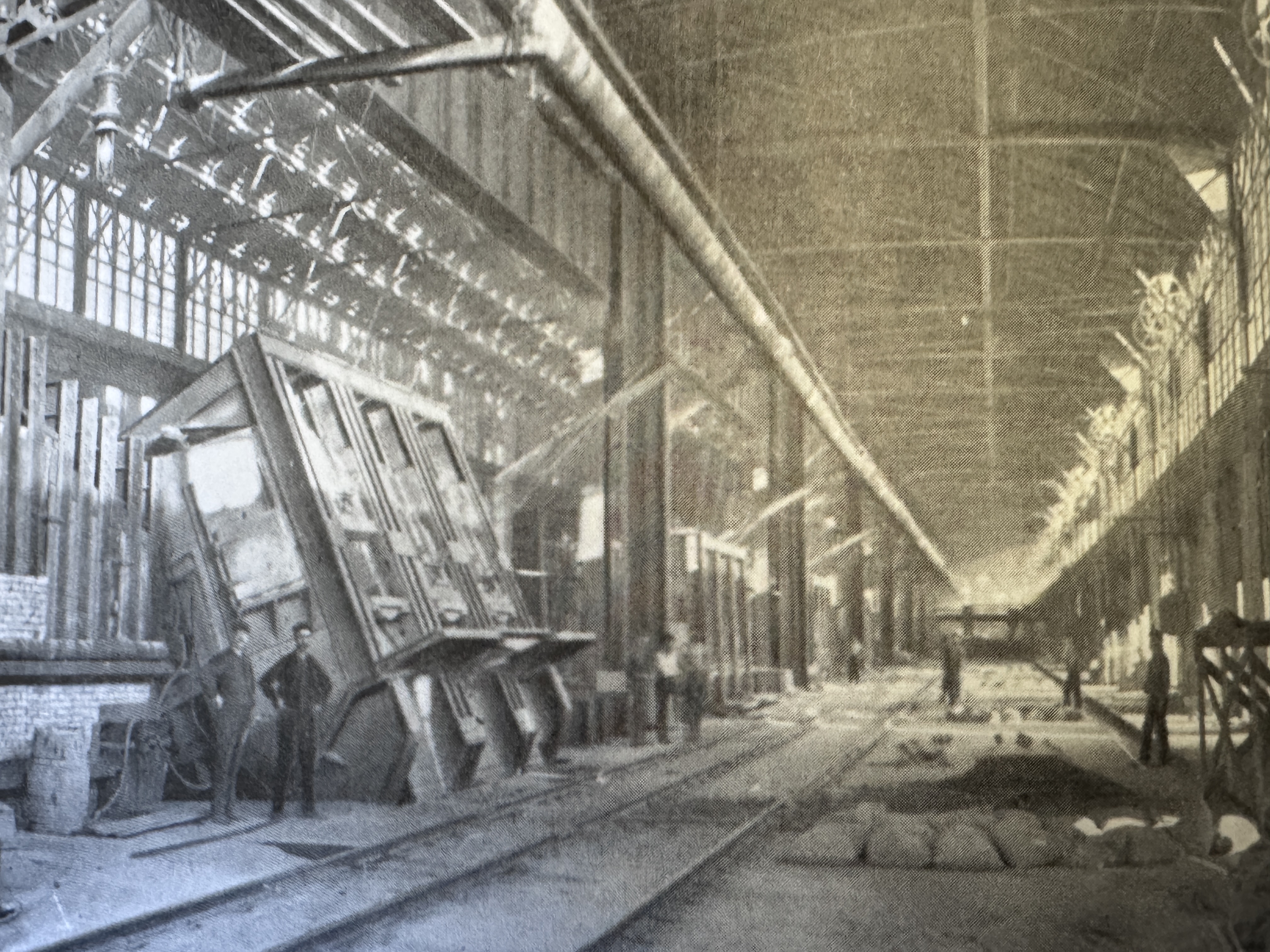 Inside the steel mill.  What are those things on the left?  I wish I knew.  Ingot molds?