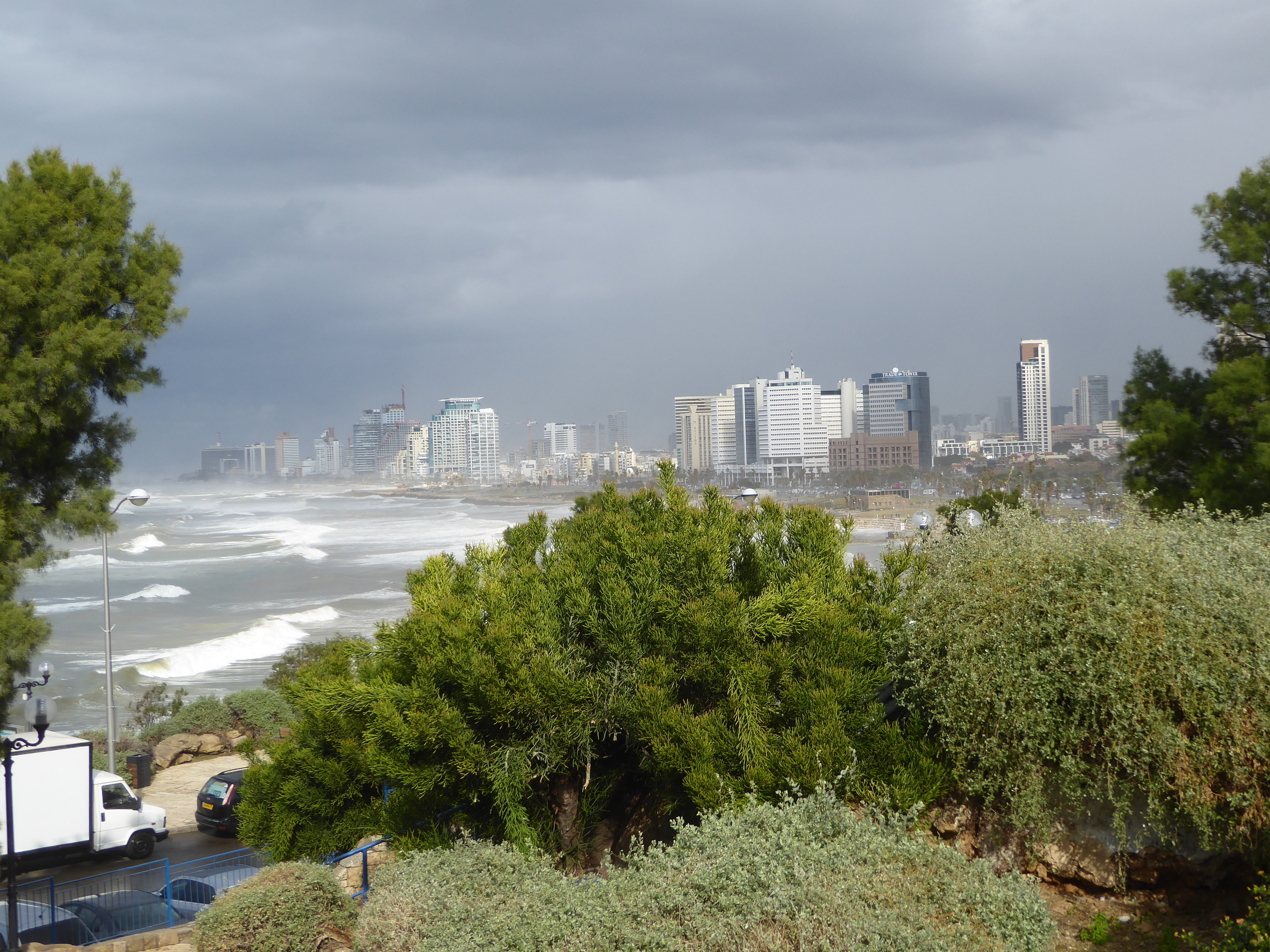 It's about 2,000 miles to Gibraltar, so the waves have plenty of room to grow. They finally break here at the hill of old Jaffa, which was J