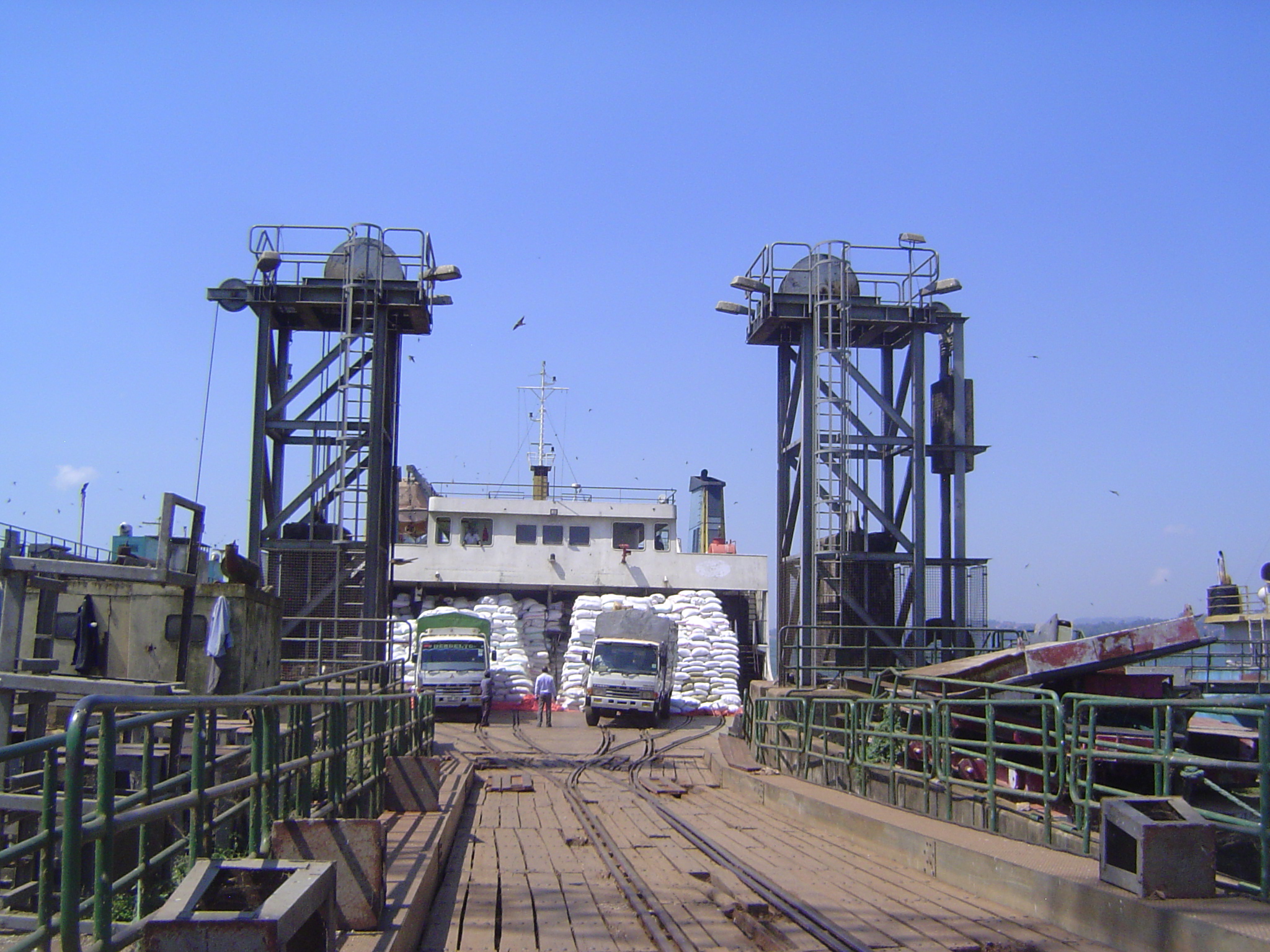 This, too, is a rail ferry in theory, but trucks in fact back onto the deck and are manually unloaded. Look back at the previous picture and