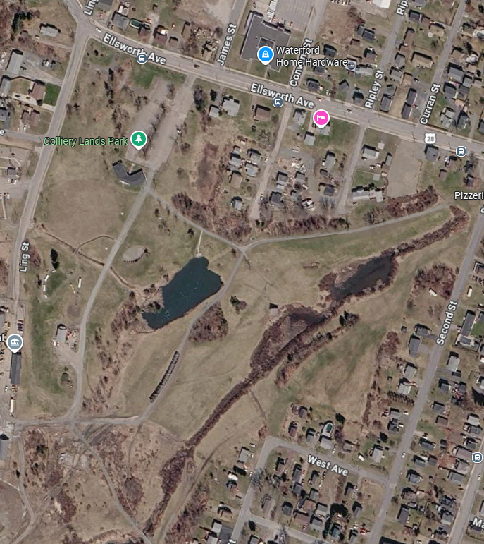 The historical society's building is just below the green marker.  The surrounding grounds have been "remediated" into another park.