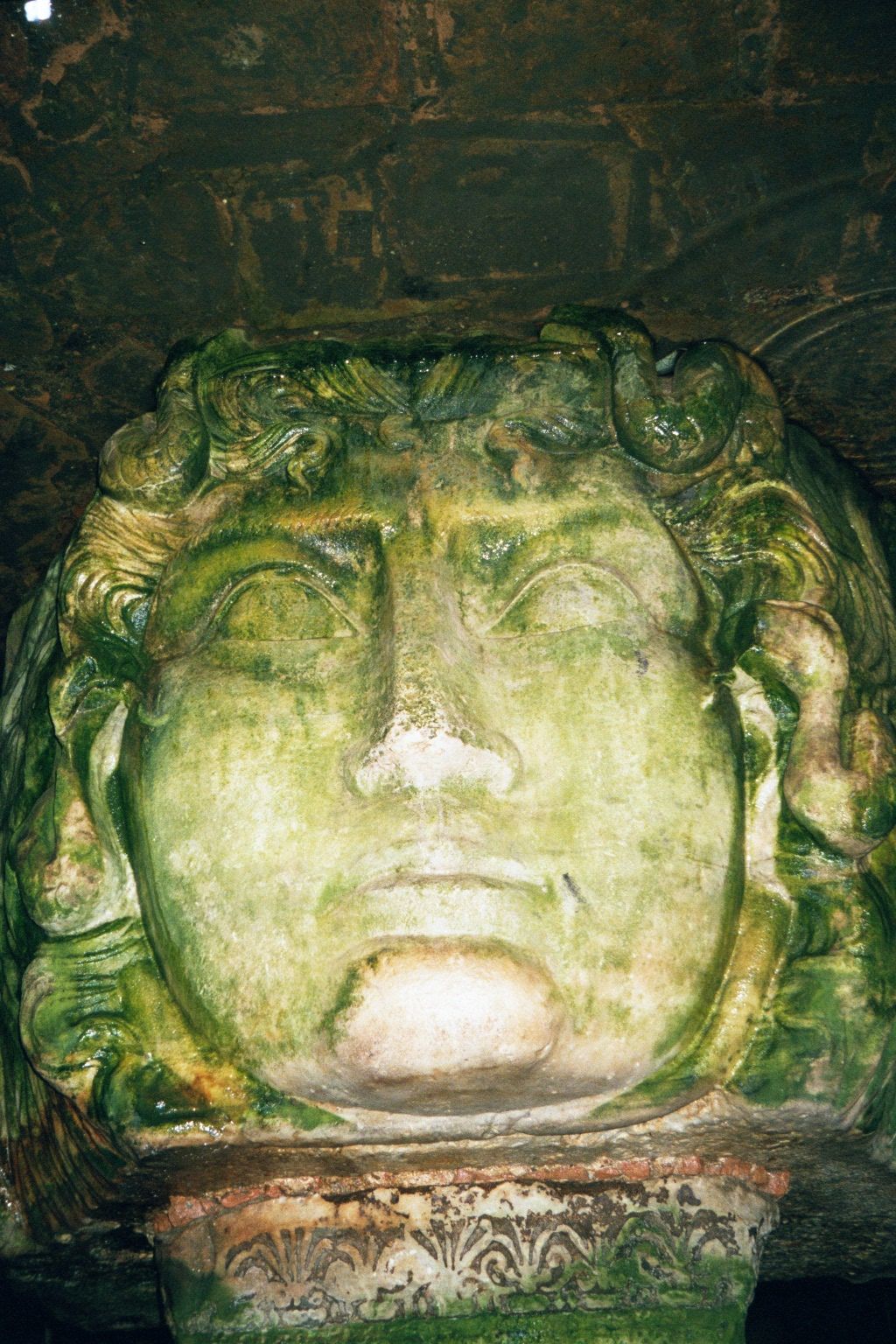 One of the columns in the cistern includes, at its base, this recycled Medusa head. Its original location is unknown.