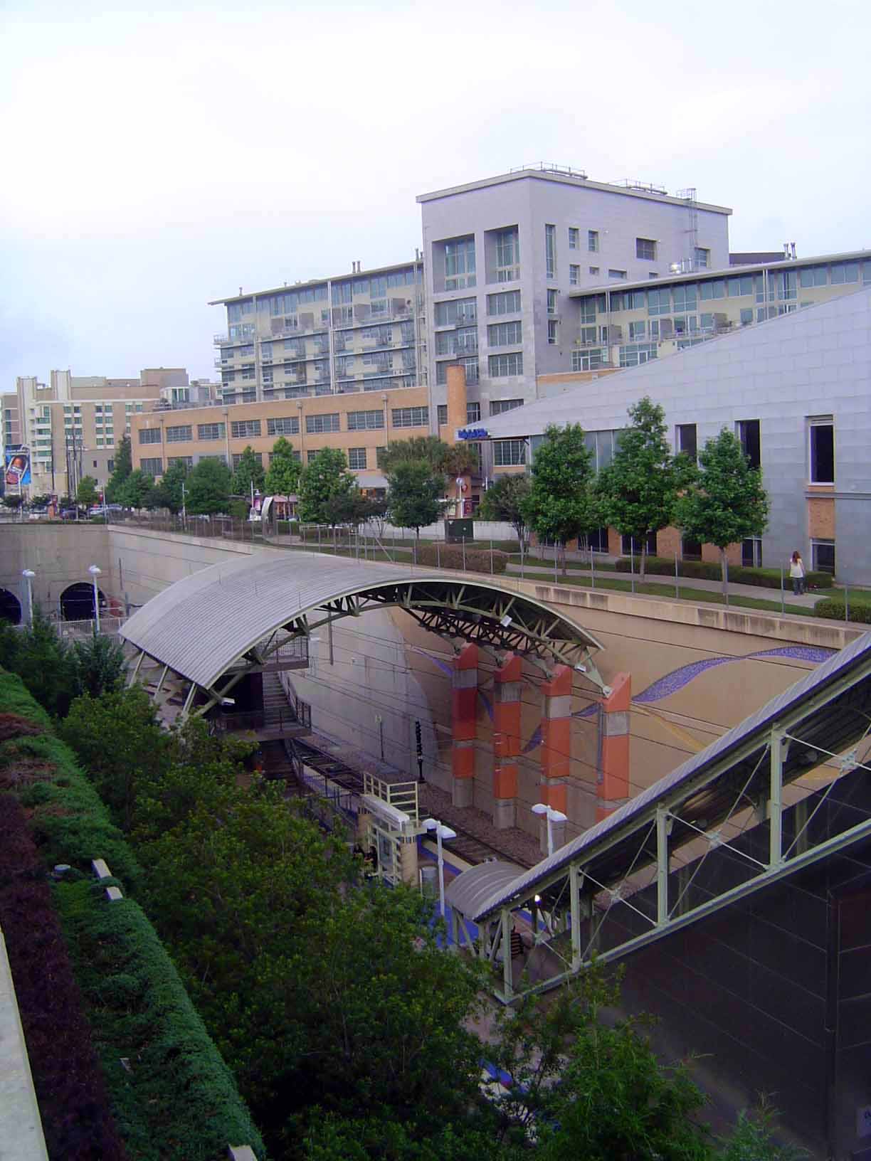 Here, close to NorthPark, is the Mockingbird Station, opened in 2001. In the background is an old Western Electric warehouse.