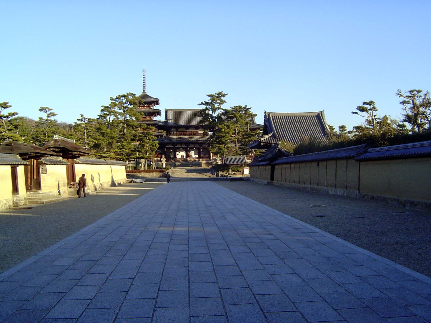 The path north to the Chumon or middle gate, from the seventh century. In the background is the temple's famous seventh century, five-storie