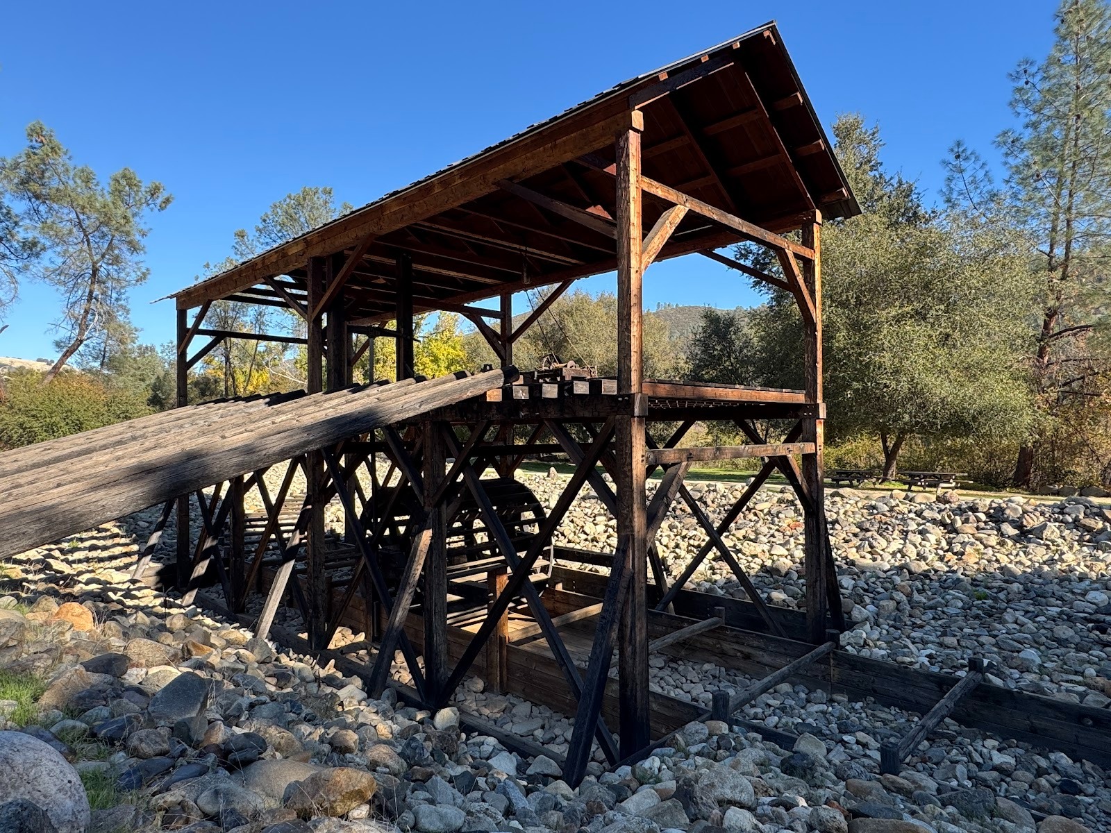 There's a replica on the site today.  You can make out the ramp for logs, and the waterwheel below.