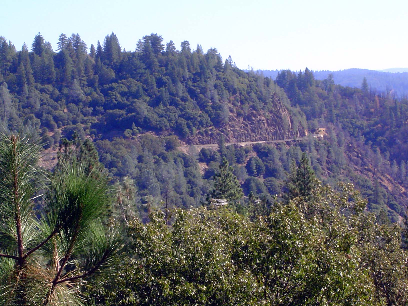 The scenic point is Cape Horn, where the railroad overlooks the American River Canyon. The cliff here is famous in railroad lore, because it