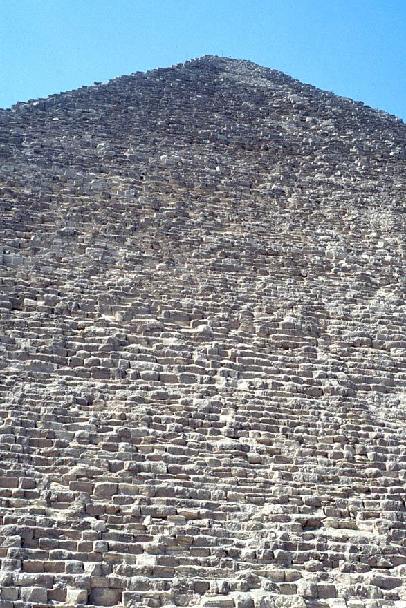 This is the biggest of them all, the pyramid of Khufu Cheops. With a side length of 750 feet and a height of 450, it covers 13 football fiel