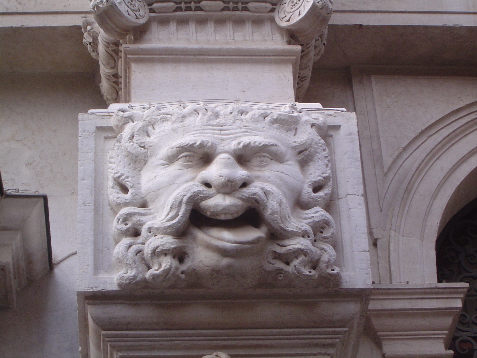 Another such mask, this one on the church of St. Maria dei Derelitti, completed in 1674. Ruskin called these faces "evidences of a delight i