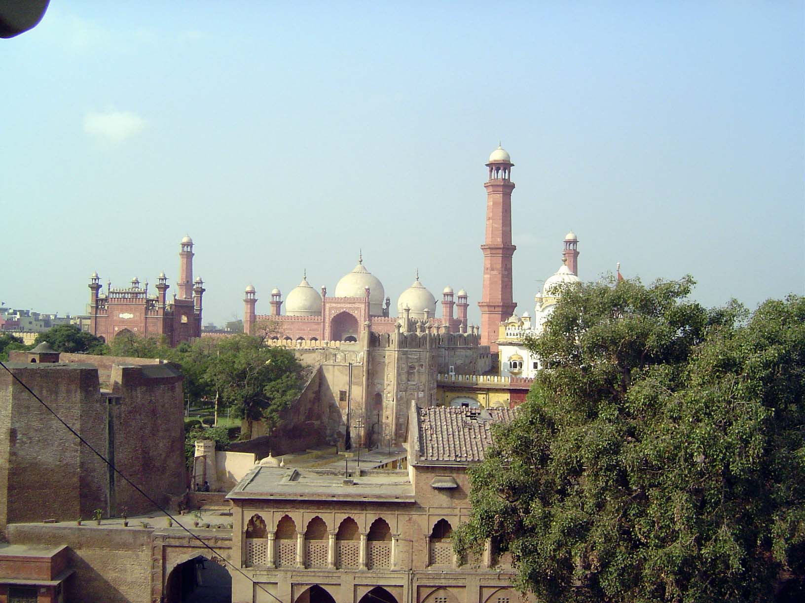 This is the view from the Naulakha; it shows the Badshahi or King's Mosque in the distance. The obscured yellow and white building is Ranjit