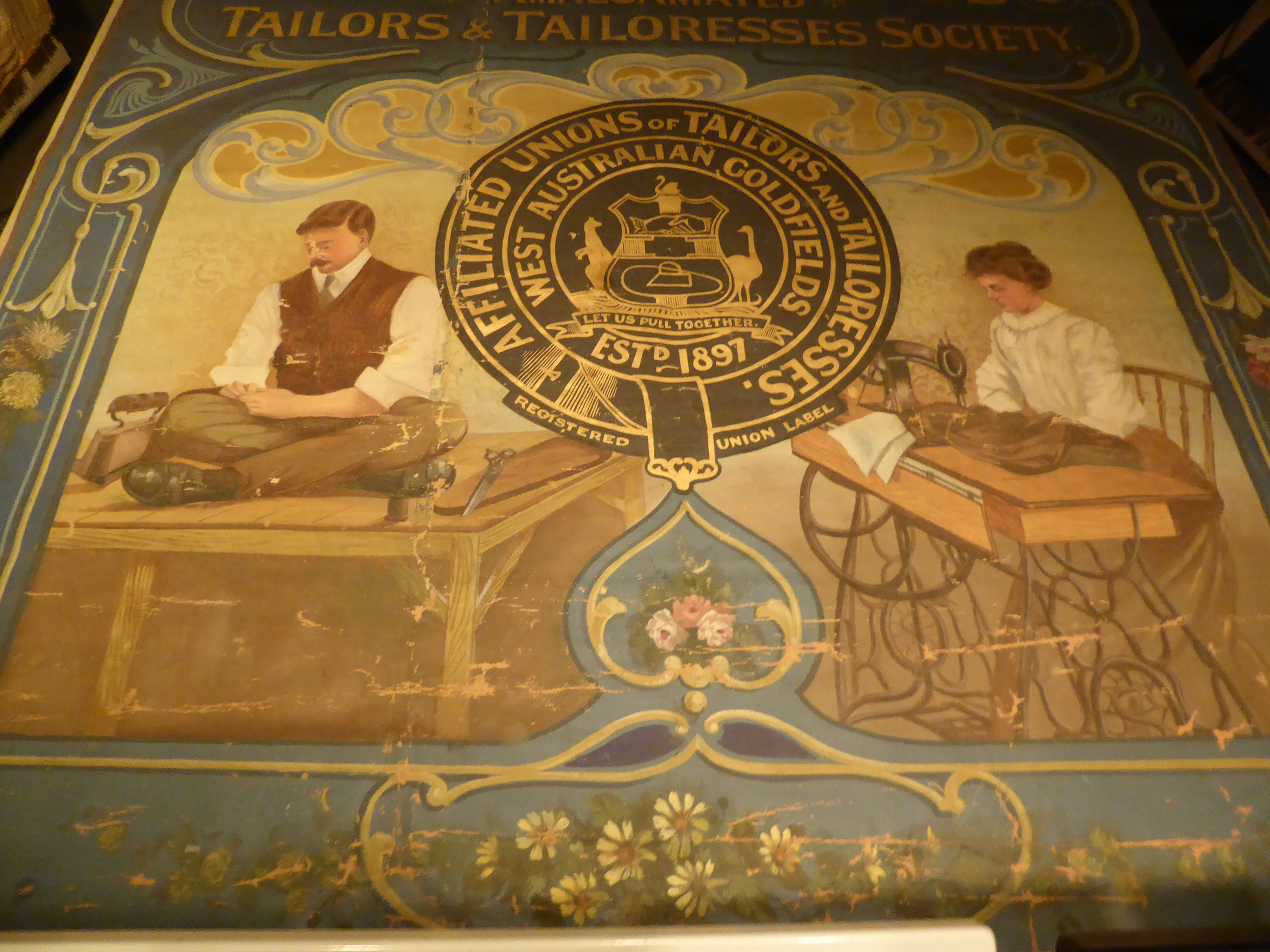 Here it is, a parade banner made for the local tailor's union. If you feel a little tug of nostalgia, it might be because the clout wielded