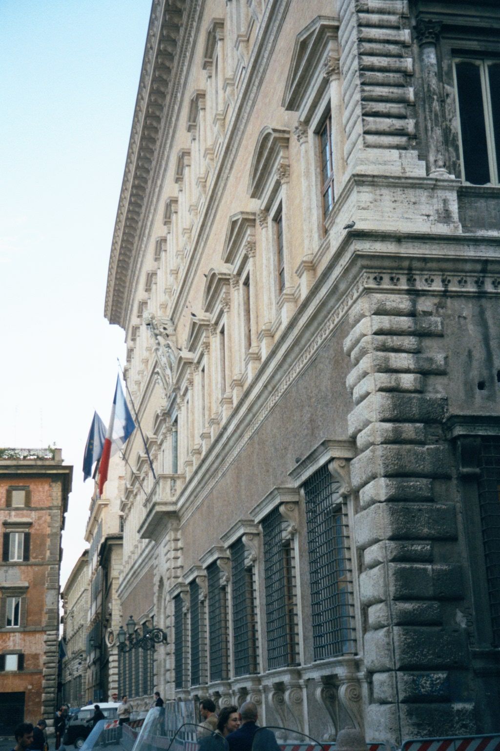 The facade is 185 feet long, 96 high, and of brick covered with stucco and stone. The stone was quarried from the Coliseum and the Theater o