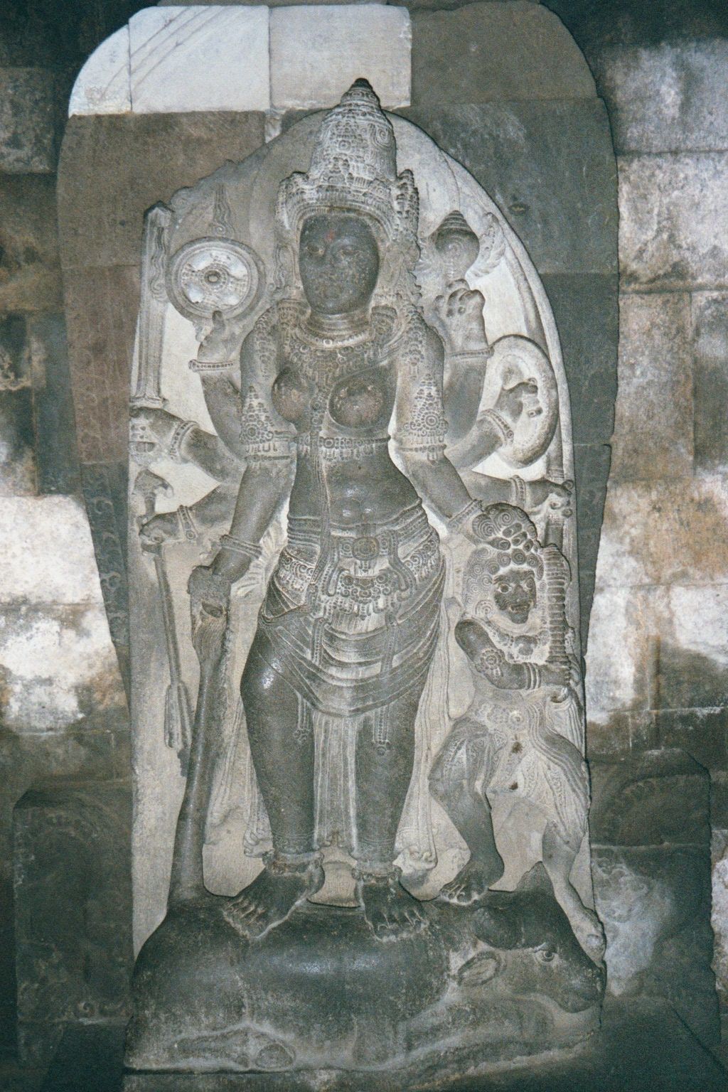 In the north entrance of the temple, Shiva's wife Parvati, here in the incarnation of Durga, is shown killing the buffalo demon.