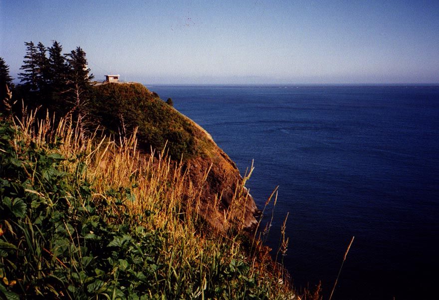 Headland at the mouth of the Columbia, with World War II fortifications.