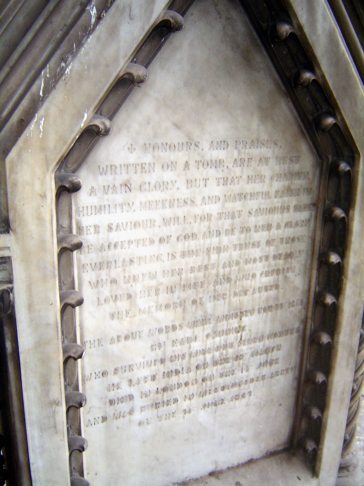 Hard to read, but a fine specimen of funerary eloquence. The text is this: "Honours and praises/ Written on a tomb are at best/ A vain glory
