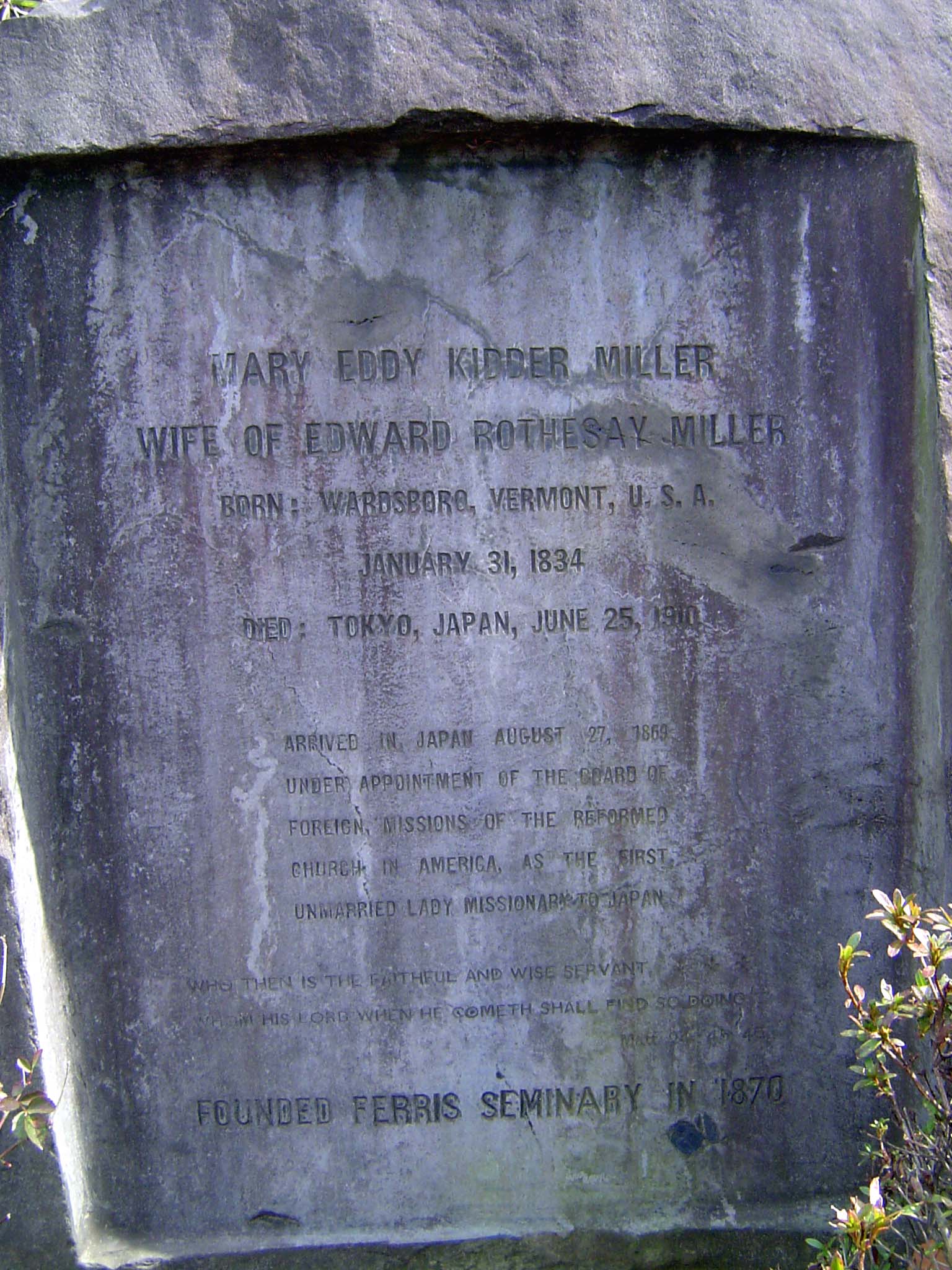 Mustn't forget the missionaries. Mary Eddy Kidder is remembered here as "the first unmarried lady missionary in Japan" and the founder of th
