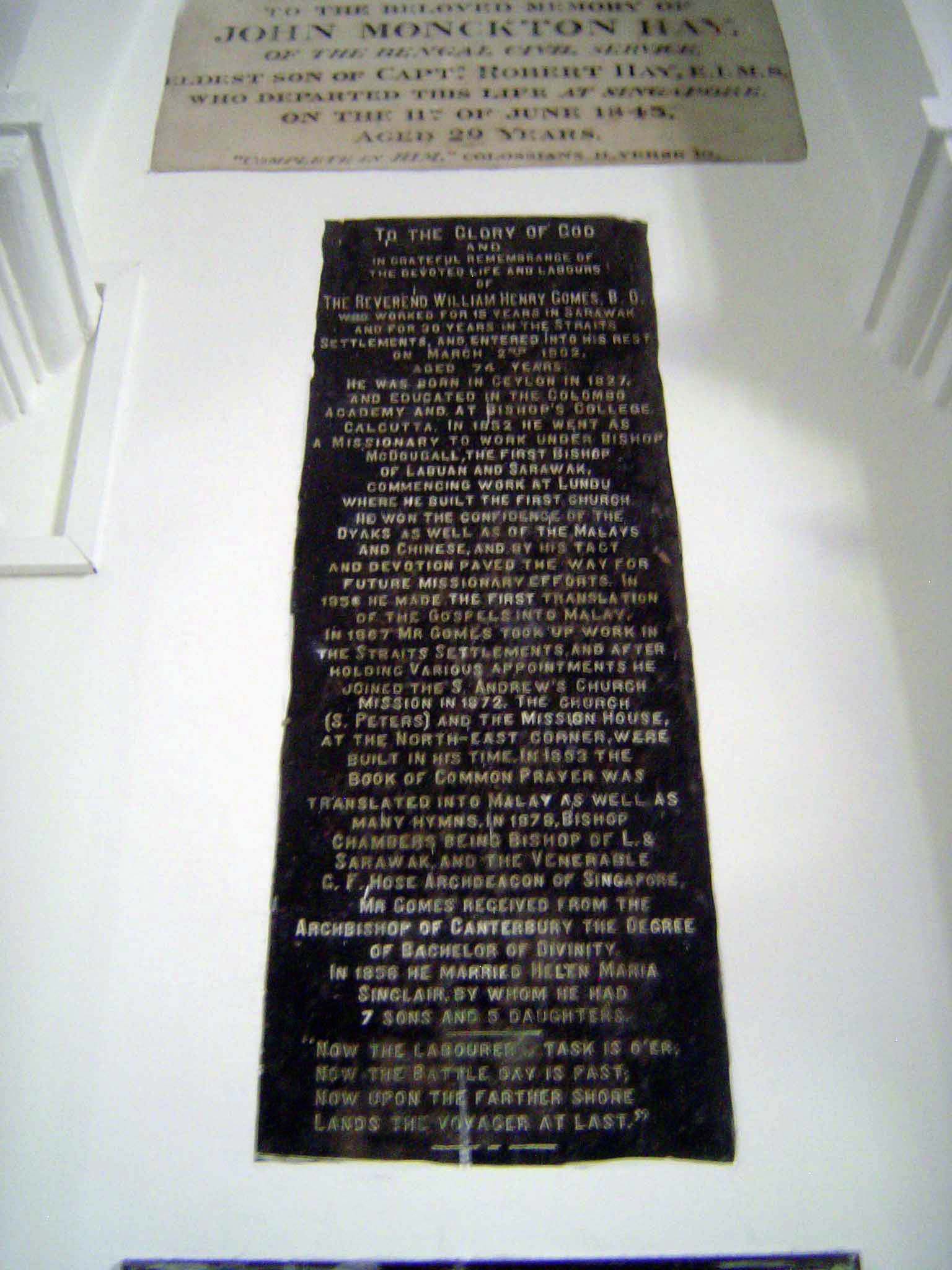 A memorial to William Henry Gomes, a Ceylon-born missionary to Sarawak who translated the gospels into Malay.