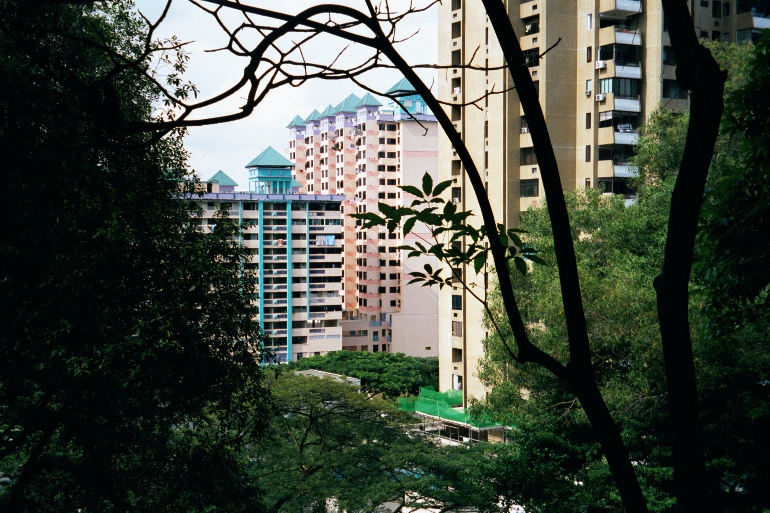 A block or two away, an older generation of public housing has been upgraded into pastel-central. The trees are part of Outram Park.