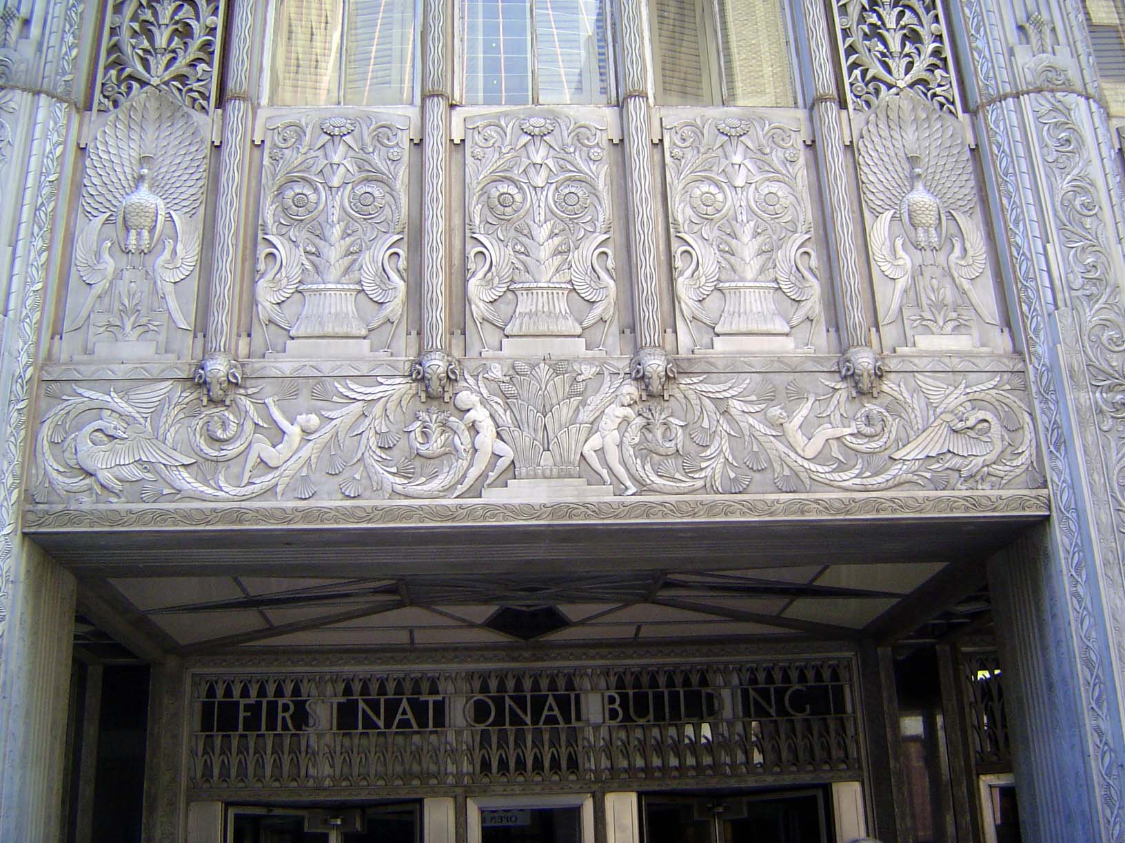 Facade detail. \In The Oklahoman, 3 May 2018, Steve Lackmeyer writes: "Built in 1931 at Robinson and Park avenues, the former home of First