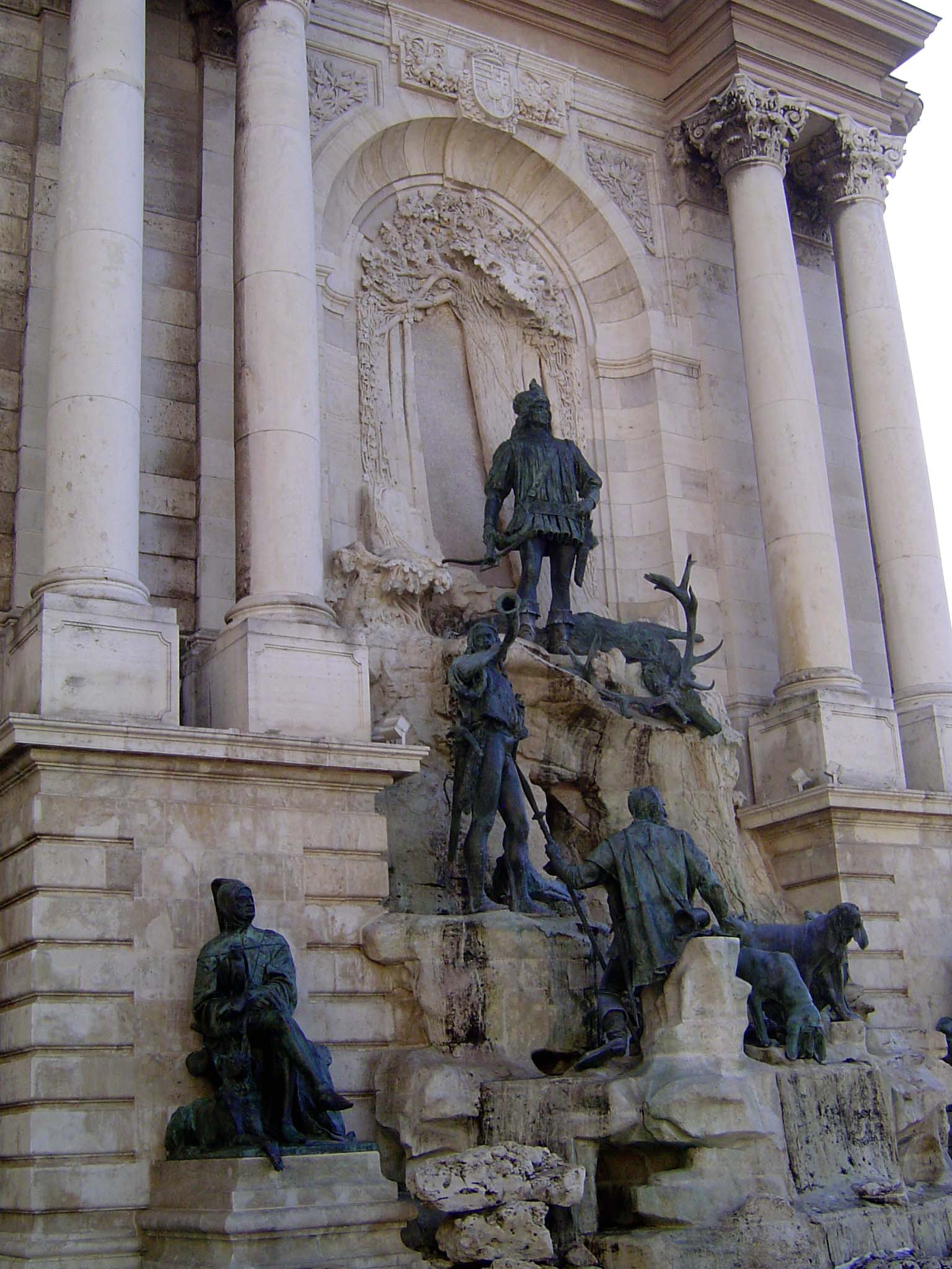 The intricate Matthias Fountain or Jagdbrunnen, showing King Matthias Corvinus with hunters and hounds. It's late—from 1896—and was created