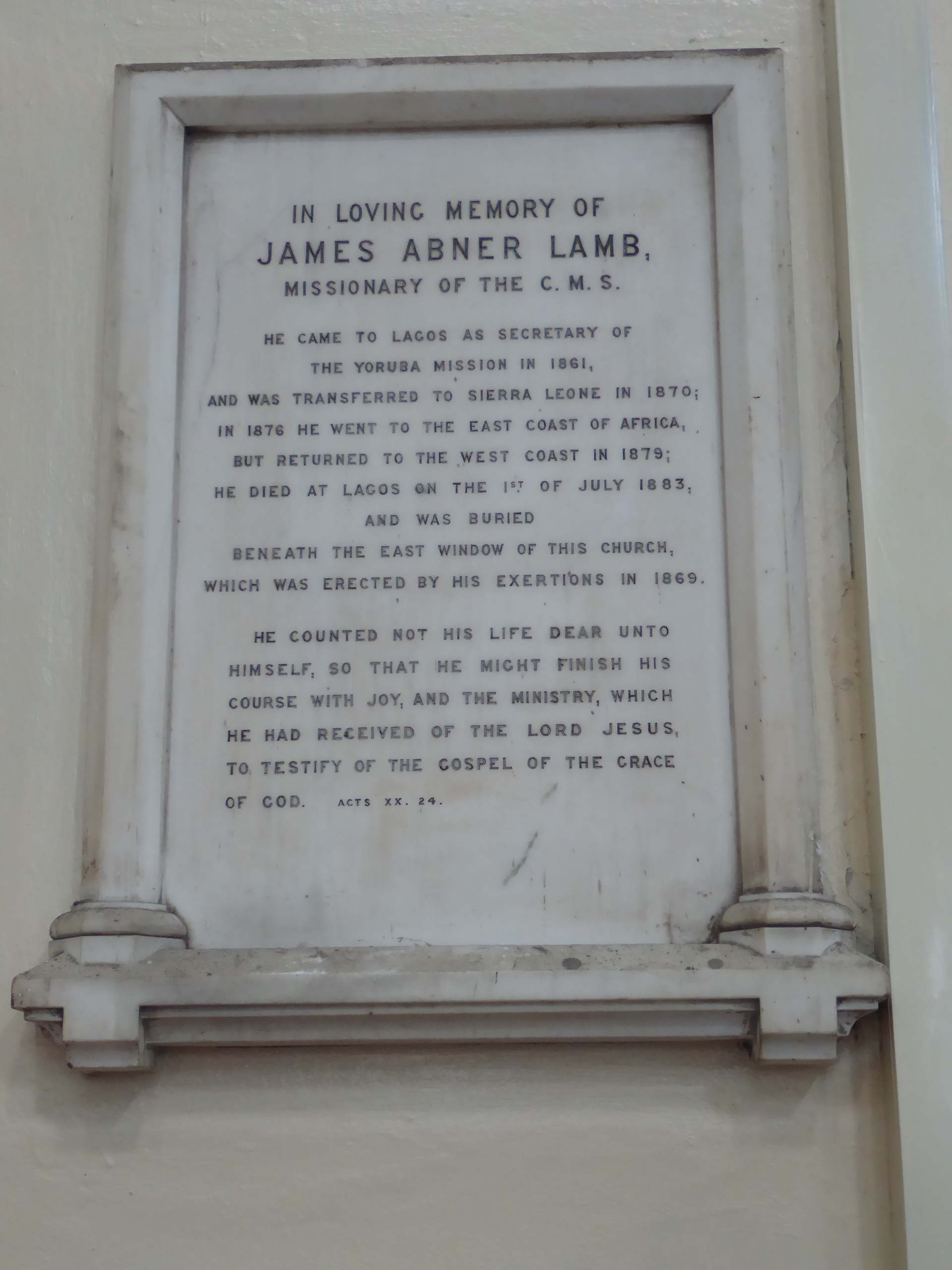 Transferred from a now-demolished church that Lamb himself had built, this plaque remembers a missionary who made six voyages to Africa, eac