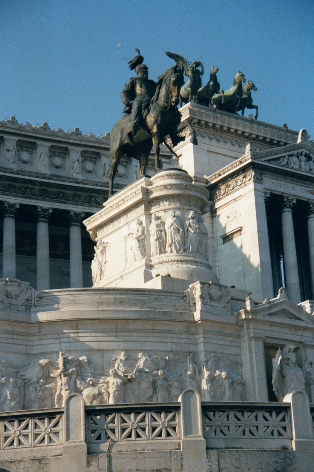The view of it from the front, at the Piazza Venezia. The image of the proud horseman, powerful in the time of Marcus Aurelius, seems mere p