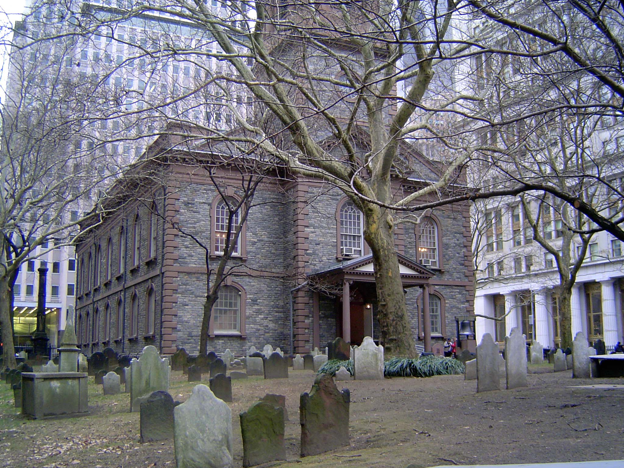 The church seen from the west. The stone is schist quarried on the site, but the steeple was added in 1796, roughly 30 years after the rest