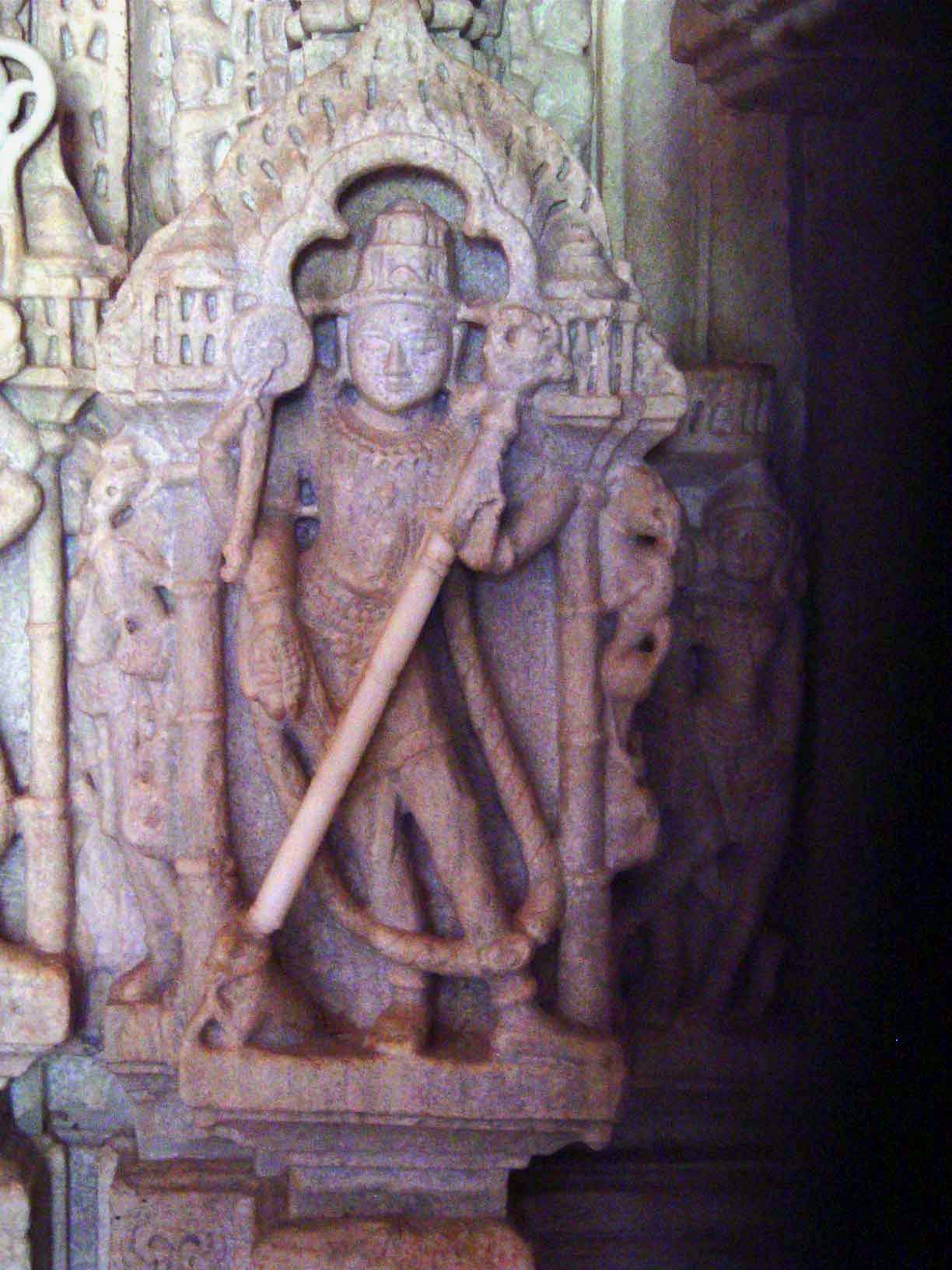 A close-up of one of the eight dikpalas. This one, guarding the west, is Nirutti.