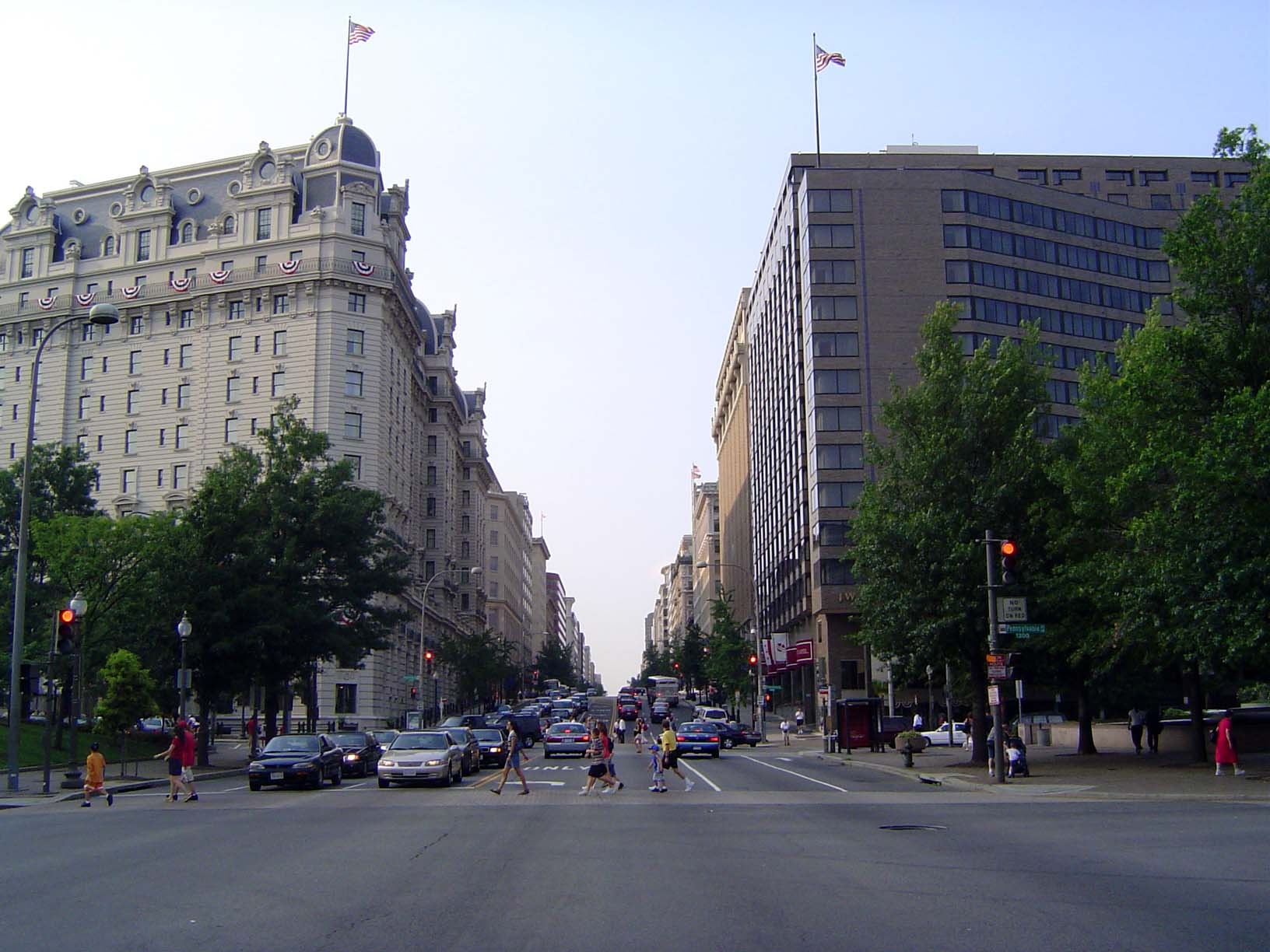 From the street outside, you get more testimony. That's the J.W. Marriott hotel on the right and the venerable Willard on the left. Opened i
