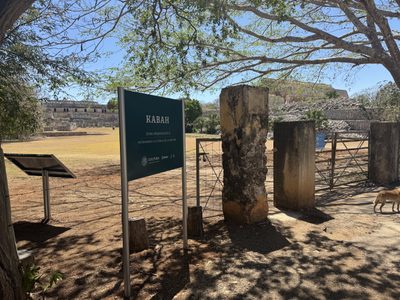We've jumped a dozen miles from Uxmal to the much quieter ruins at Kabah, connected to Uxmal not only by a modern road but by a straight pro